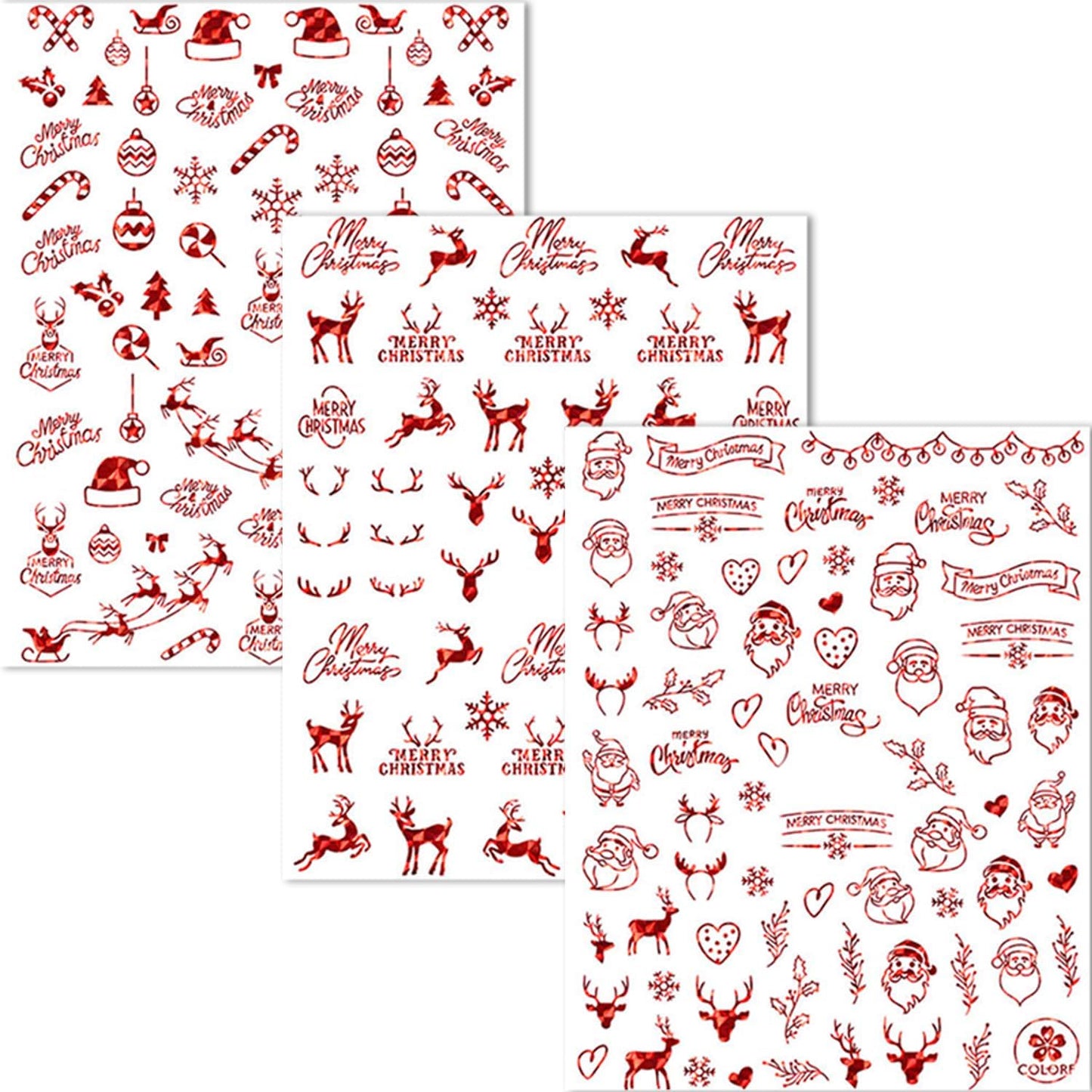 HNUIX Nail Stickers - 3D Christmas, Self Adhesive Nail Decals, Multi Pattern, Red, 9 Sheets, for Nail Art