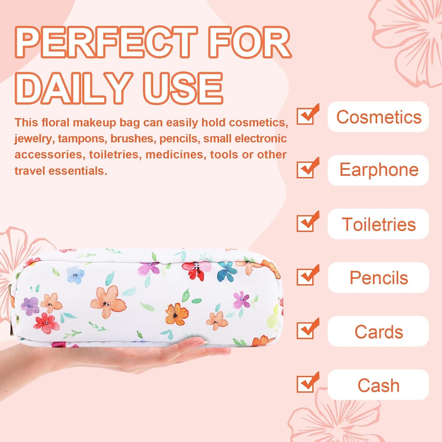 Waterproof Small Floral Pencil Case Makeup Bag for Purse,Cute Flower Pencil Pouch Preppy Nylon Makeup Brush Holder with Zipper,Girls Portable Storage Case Pen Bag for Work(Slim Colorful-Flowers)