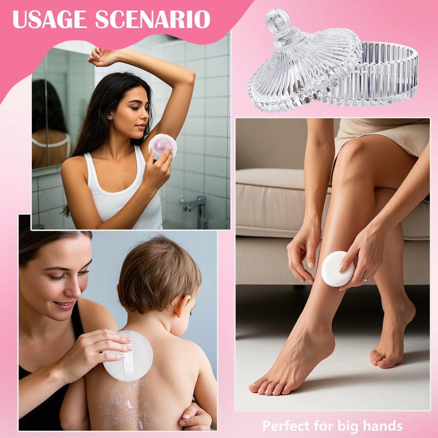 Large Body Powder Puff and Container Set - Velour, Dusting Powder Puffs for Women Baby and Loose Powder Containers for Face & Body, Washable, Reusable, Wet Dry Makeup