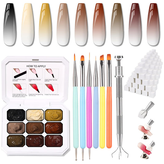 Sponge Pat Paint Nail Gel & Tools Kit, 9 Colors Ombre Nails Gradient Gel Nail Blush Blooming Aura Nails Drawing Stripper Floral Painting Nail Art, No Wipe, UV/LED Curing (9 Colors Set B)
