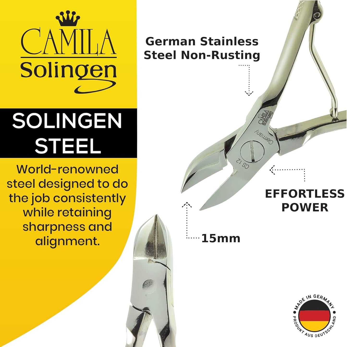 CS12 Professional 4" Fingernail Toenail Nipper/Clipper/Cutter for Manicure/Pedicure. Heavy Duty Precision Super Sharp Curved Stainless Steel 15mm Blade from Solingen Germany (Silver)