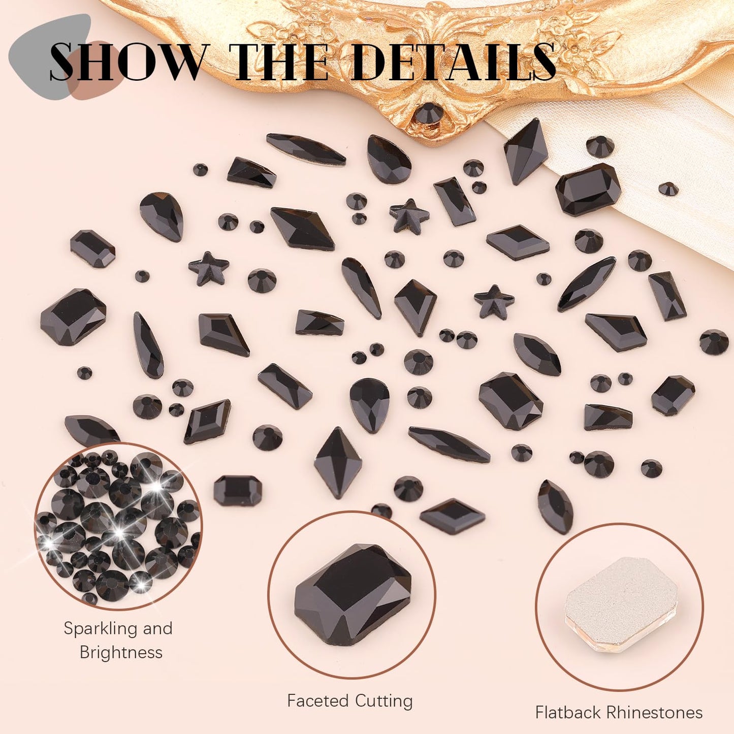 3220Pcs Black Glass Nail Rhinestones 120Pcs Multi Shapes Flatback Gems Crystal + 3100Pcs 1.5-4mm Round Beads, Manicure Diomand Jewelry Gemstones for Nail Design Makeup Acrylic Nails Decoration