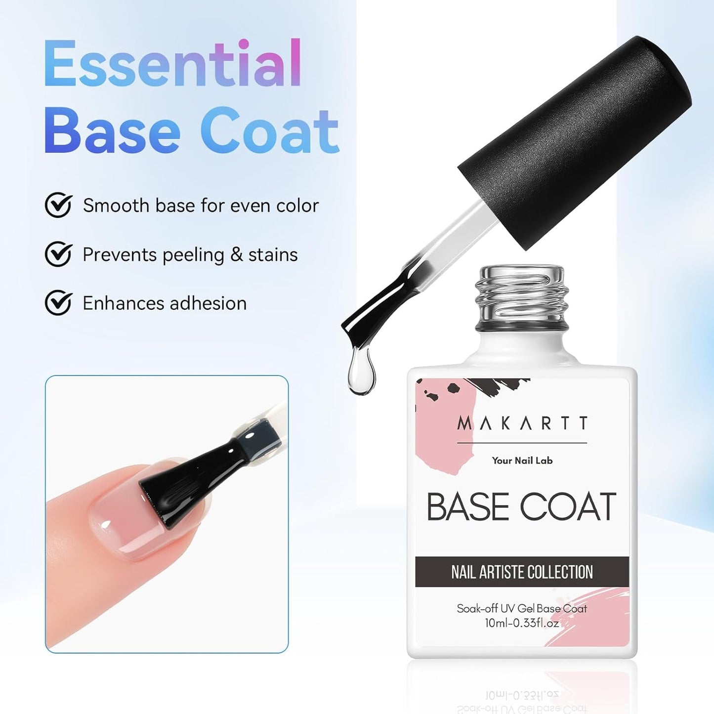 Makartt 2 Pcs Gel Top Coat and Base Coat Set - No Wipe Shine Finish Soak Off Base Top Coat Long Lasting for Gel Nail Polish, LED UV Lamp Need, Salon Quality Nail Manicure Gifts, 10ML