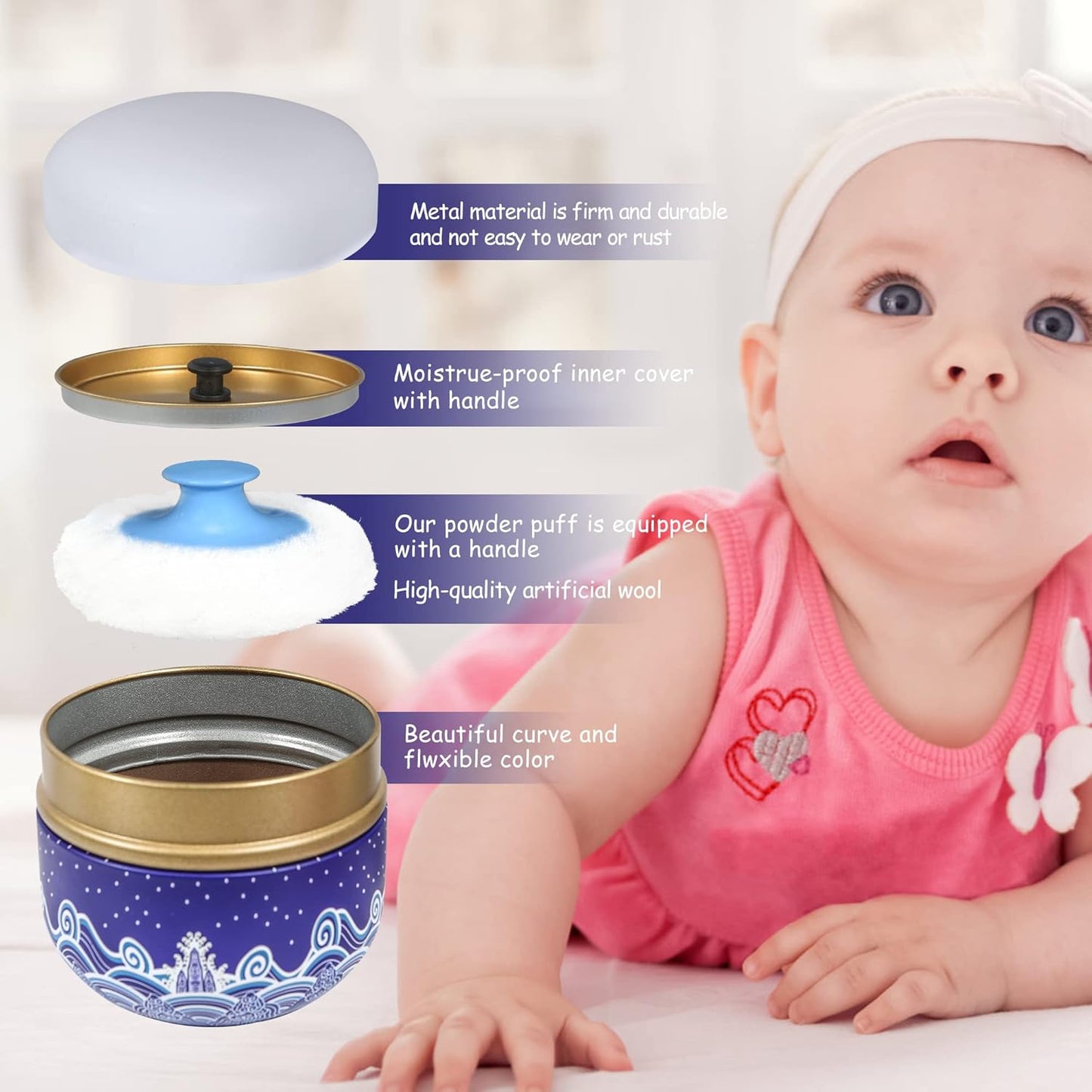 WEMEGA Body Powder Case with Powder Puff Powder Container Tea Box for Baby and Women Powder Puff and Powder Case for Travel (Blue Sea1)