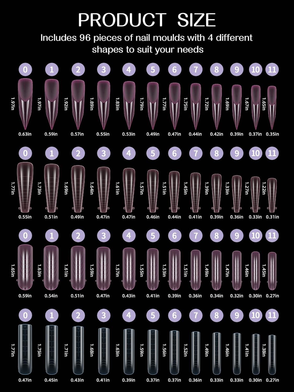 TOROKOM Dual Nail Forms for Poly Nail Gel, 4 Shapes Colorful Structure Poly Nail Gel Stiletto Square Nail Molds for Builder Gel Poly Extension Gel Nail Art Design Salon&DIY, 96 PCS