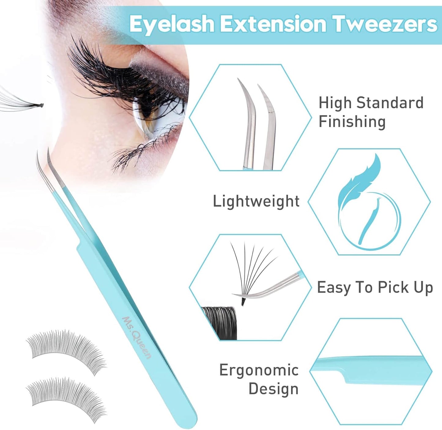 Ms.Queen Eyelash Extension Tweezers Set - Fiber Tip Isolation & 90 Degree Mega Volume Tweezers, Blue