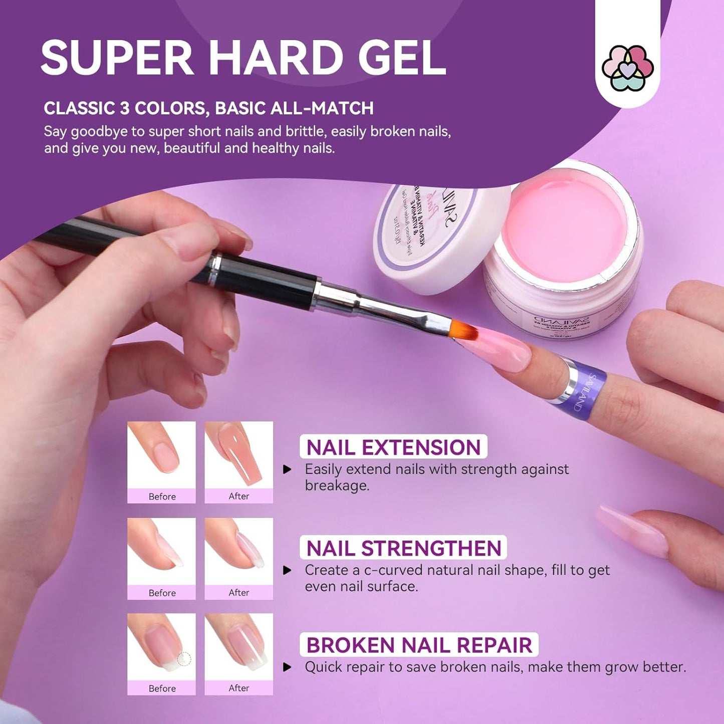 SAVILAND Builder Nail Gel Set with Nail Drill - 3 Pcs Hard Gels(VE&VB5&Kerain) Clear Pink Nudes Builder Nails Gel with Lamp Brush Nails Strengthener Gels for Extension Shaping DIY at Home Salon