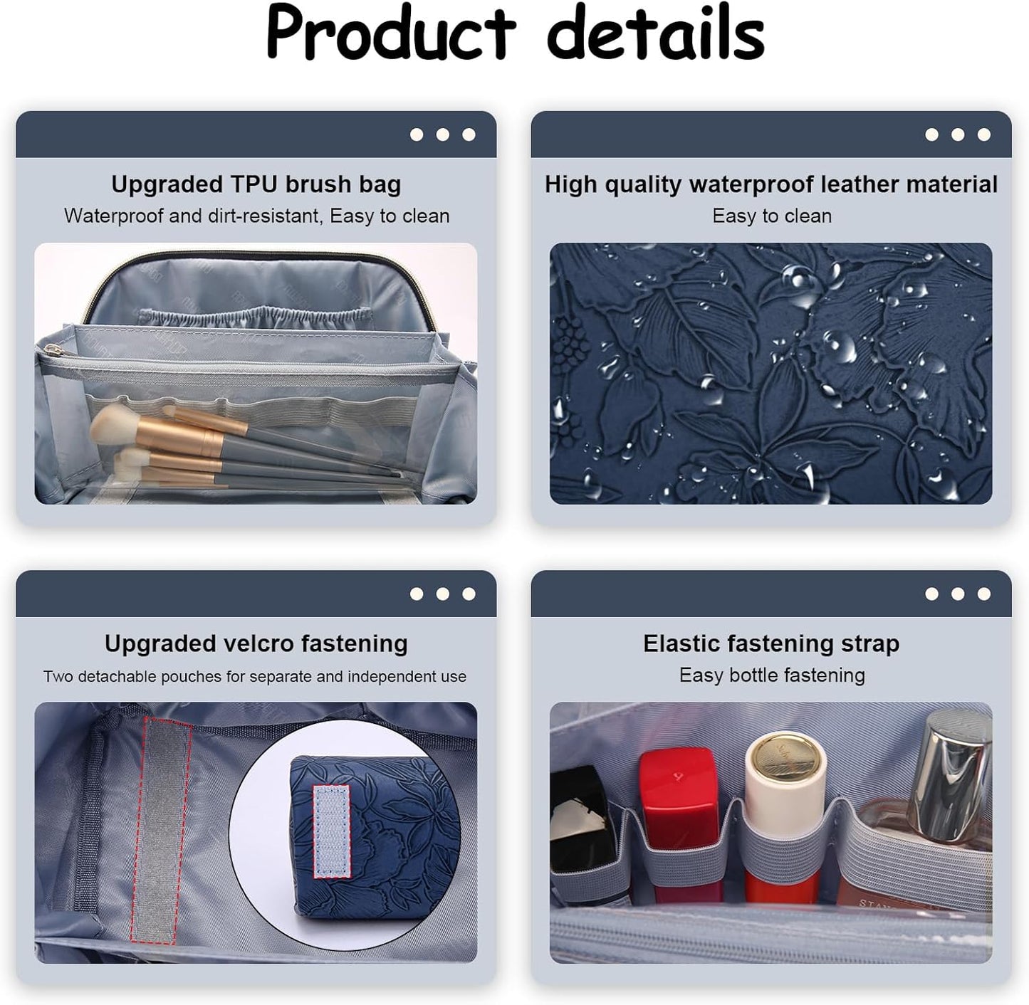 BOYATU Travel Makeup Bags Cosmetic Organizer Bag: 3-Set Large Capacity Make up Bag - PU Leather Toiletry Bags for Women - Wide Open Portable Pouch with Divider & Handle (02-Dark Blue)