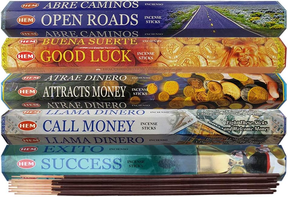 Hem Incense Sticks Variety Pack #5 and Incense Stick Holder Bundle with 5 Money and Success Themed Fragrances
