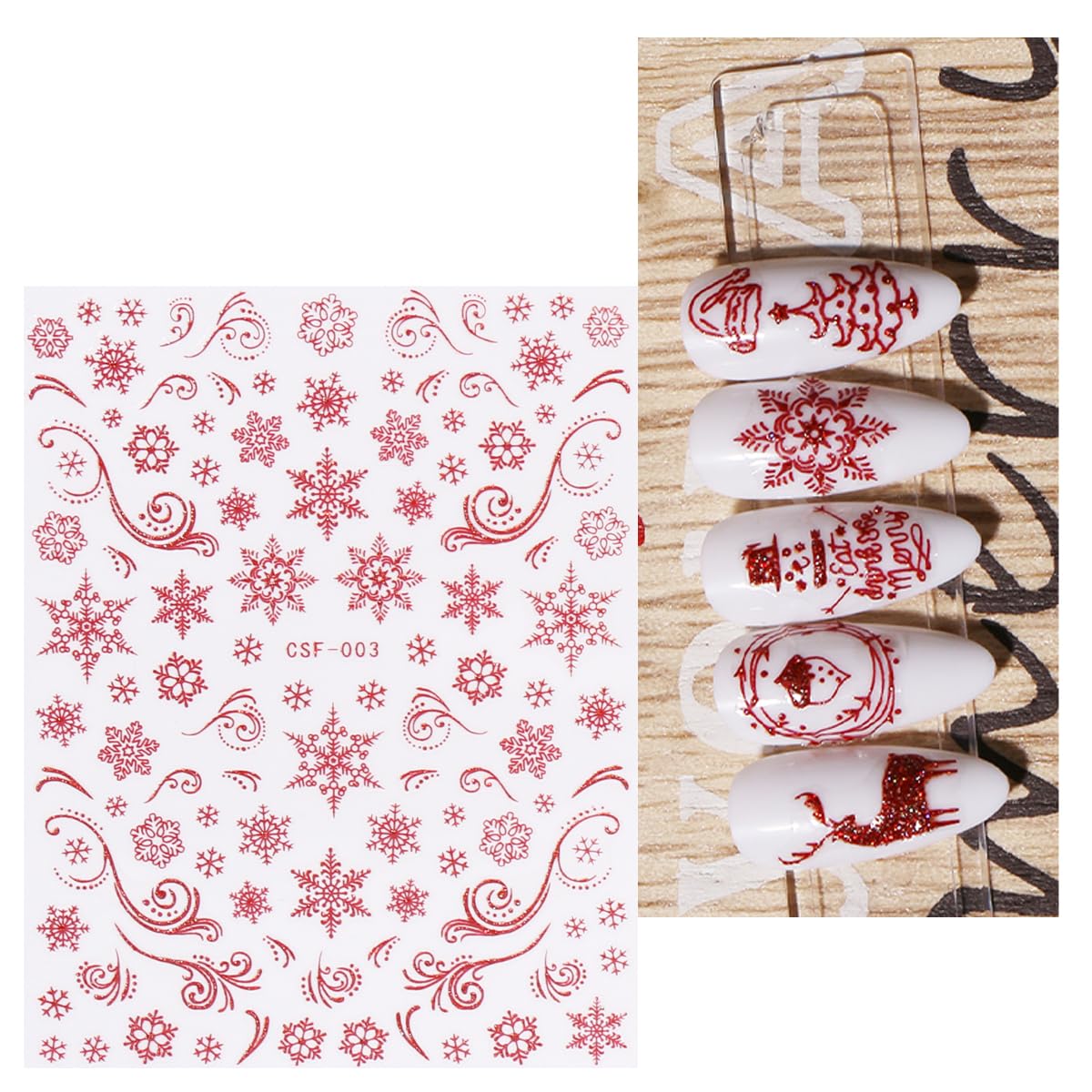 JMEOWIO 9 Sheets Christmas Glitter Nail Art Stickers Decals Self-Adhesive Red Nail Supplies Nail Art Design Decoration Accessories