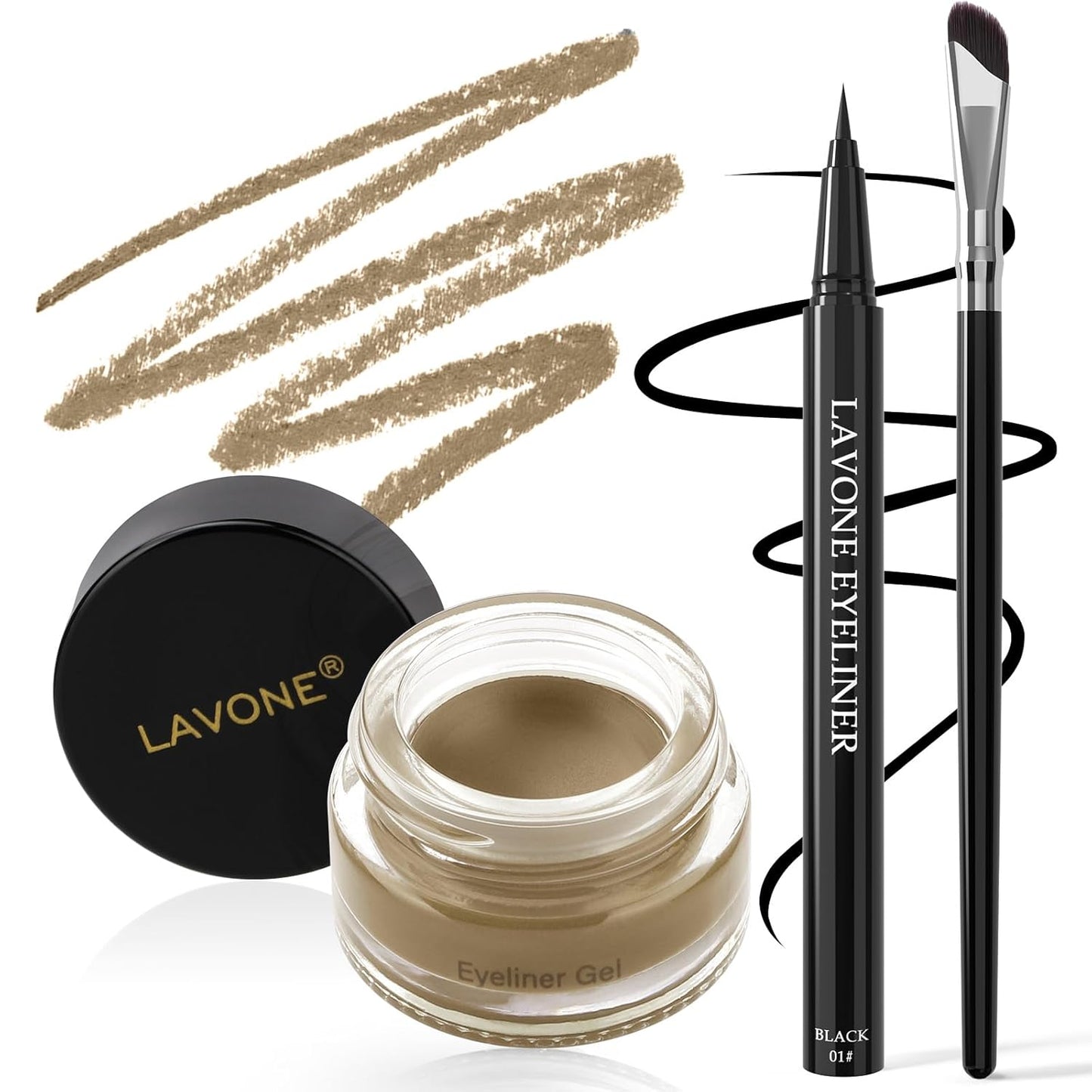 LAVONE Eyeliner Set - Waterproof Makeup Kit with Liquid eyeliner Pencil, Gel Eyeliner & Angled Eye liner Brush, Waterproof, Smudge Resistant, Long Lasting Formula - Blonde