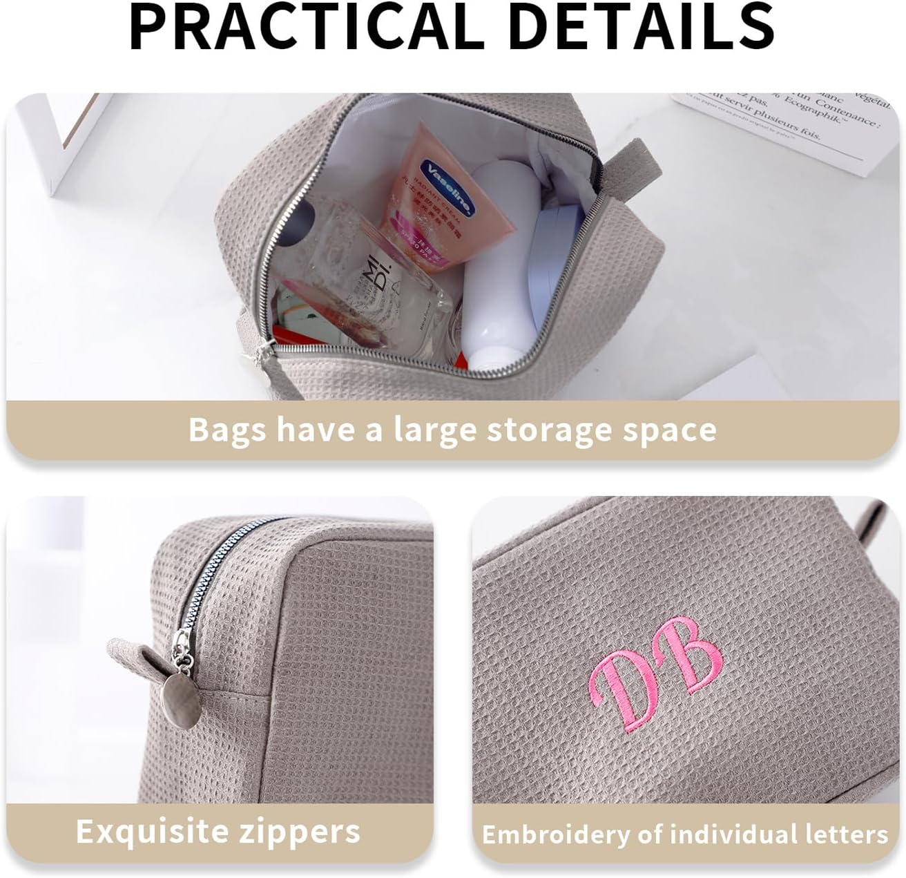 Personalized Embroidered Makeup Bag,Custom Waffle Fabric Cosmetic Pouch for Women, Travel Makeup Pouch (1, Gray)