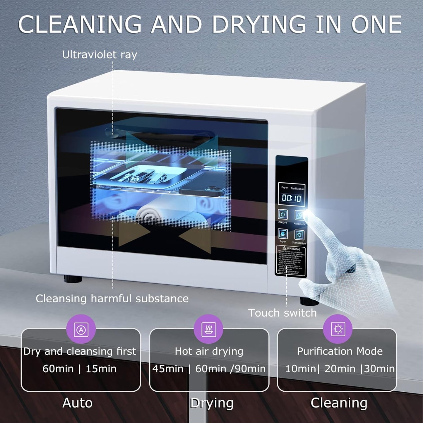 YOTAN 15L Nail Tool Cleaner with Timer Setting, High Capacity Cleaning Cabinet, Multi-Functional Manicure Cleaning Box for Spa Beauty Home Metal Tools, Mobile Phone, Baby Toy, White