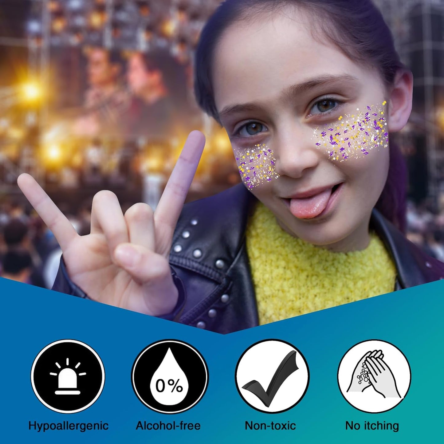 MEICOLY Face Glitter Makeup for Music Festival,Country Concert Outfits for Women,Gold Silver Purple Body Glitter,Music Festival Country Concert Accessories,Glitter Face Paint for Music Festival,50ml