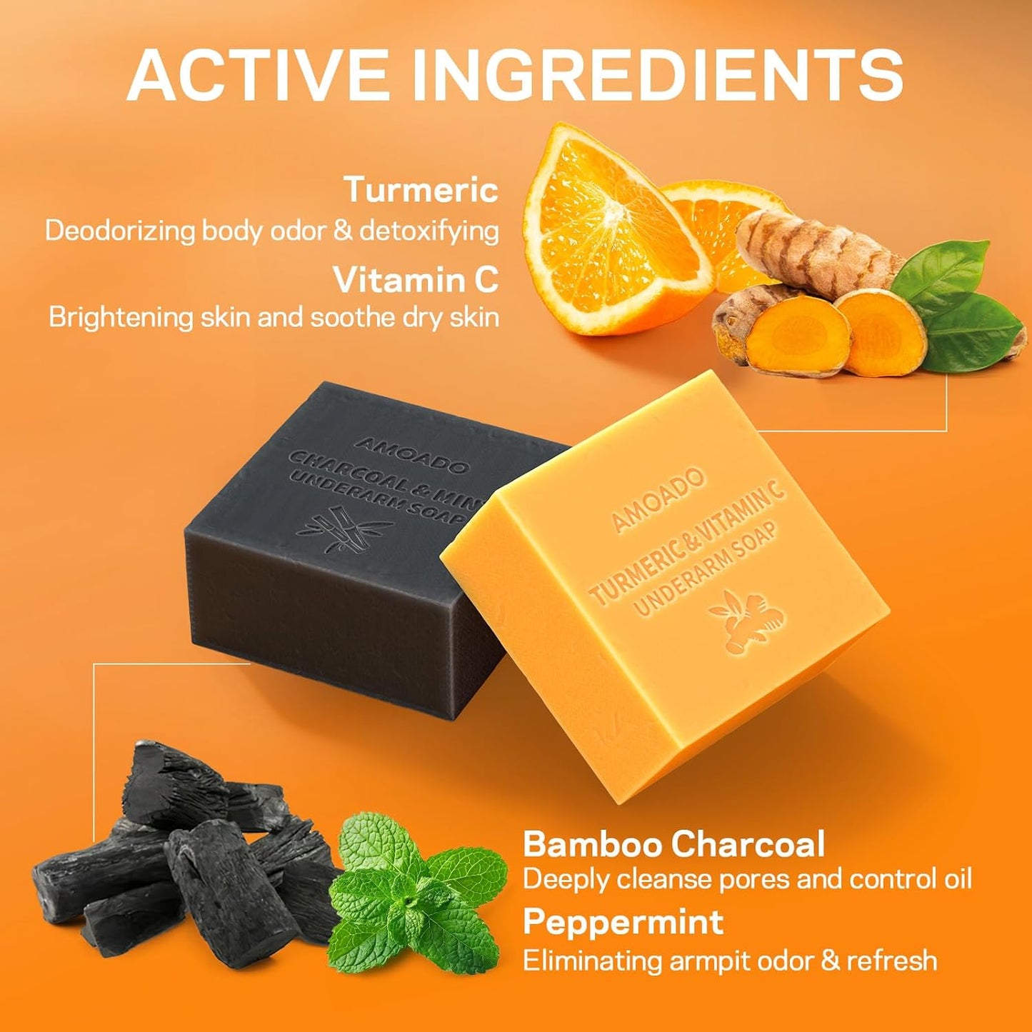 Armpit Detox Soap Set, Underarm Brightening Deodorant Soaps for Dark Armpit Remover, Eliminate Odor, Natural Turmeric Bar with VC, Charcoal Soap with Mint - included Sisal Mesh Bag