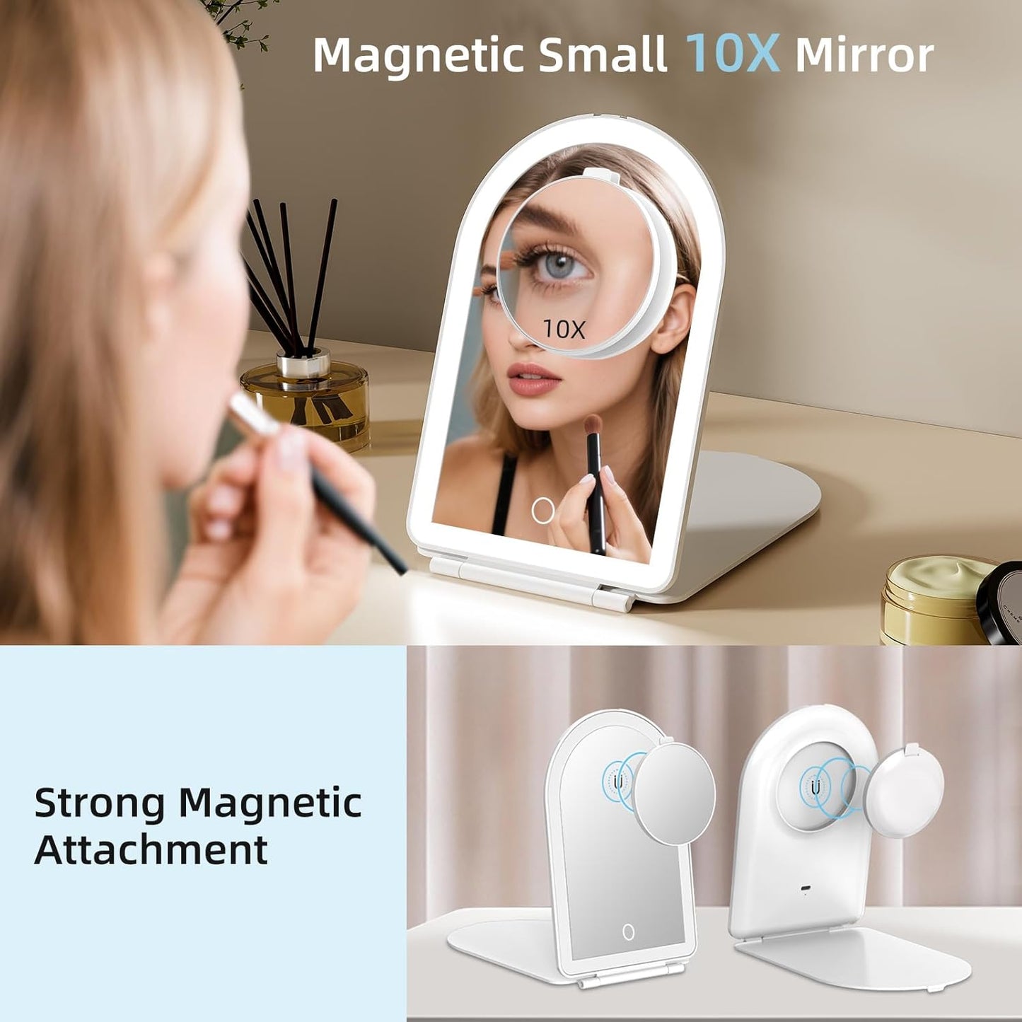 FUNTOUCH Rechargeable Travel Makeup Mirror with Lights,Portable Lighted Compact Mirror with Small 10X Magnification,3 Color Lighting, Dimmable Touch Screen, Tabletop LED Folding Cosmetic Vanity Mirror