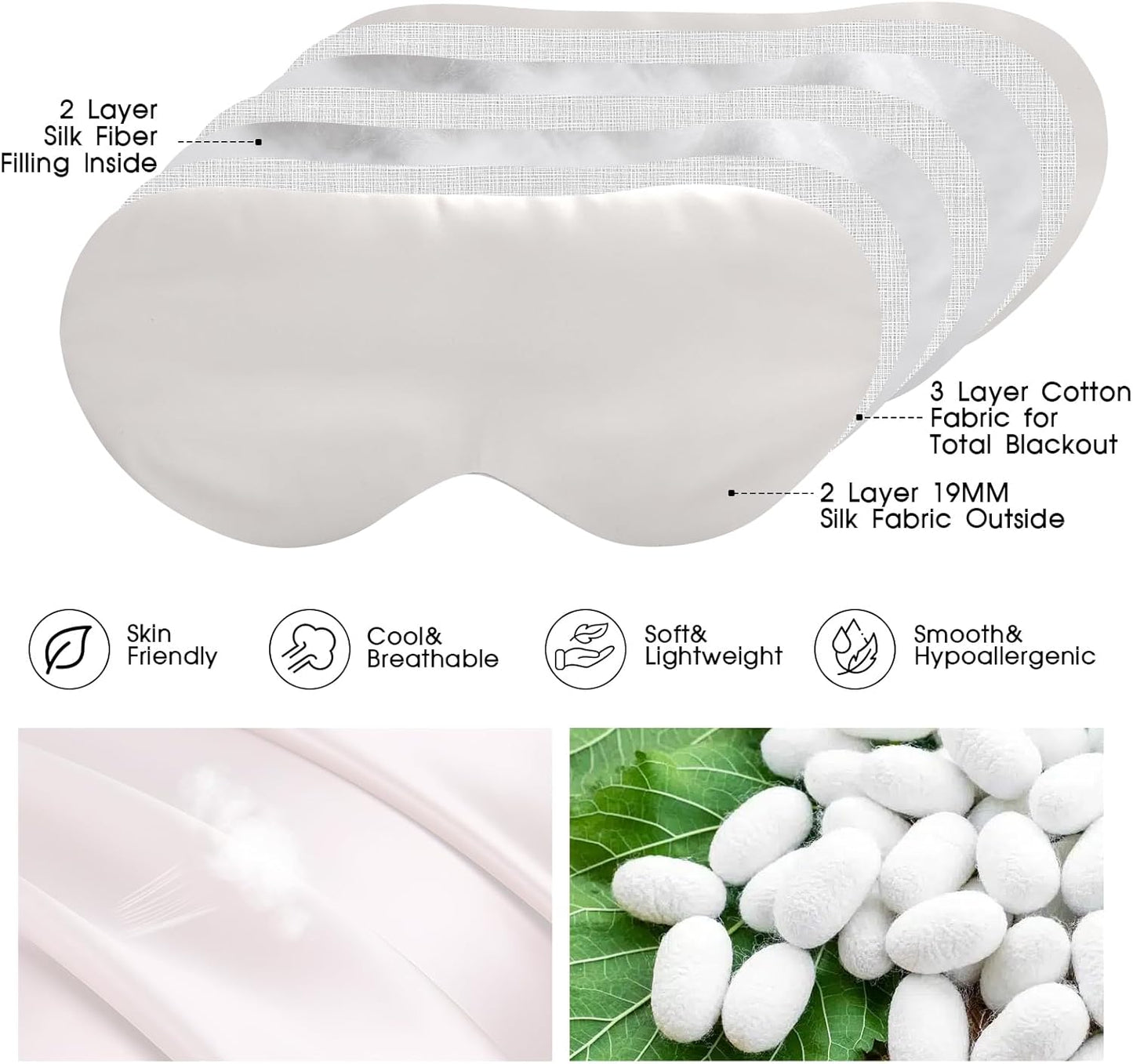 100% Mulberry Silk Eye Mask for Sleeping with Silk Wrapped Adjustable Strap,Ivory White