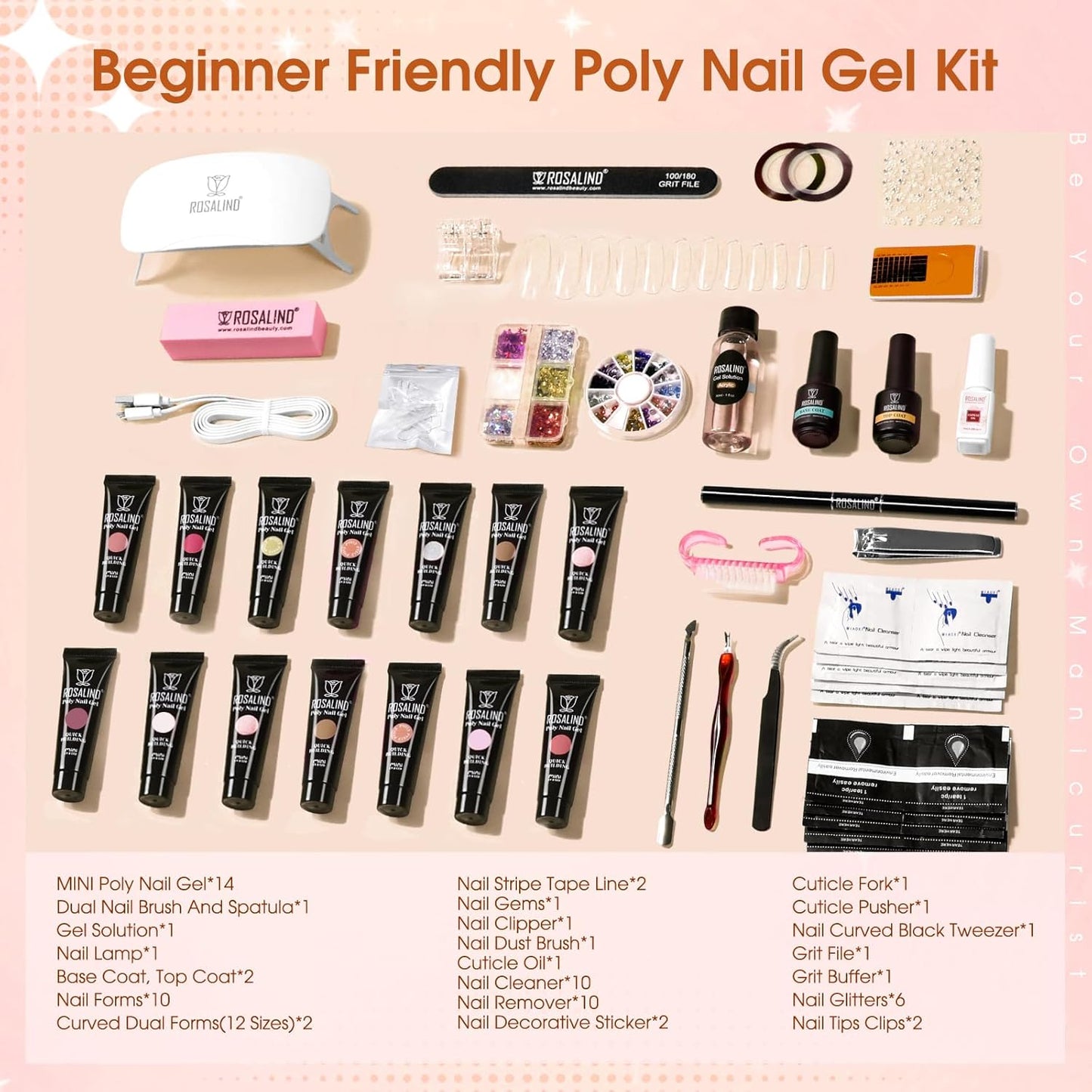 ROSALIND Poly Nail Gel Kit -14 Colors +72 Nail Art Accessories kit Clear Nude Poly Nails Gel Kit Starter Kit with Mini UV Lamp Slip Solution Basic Tools for Beginners with Everything