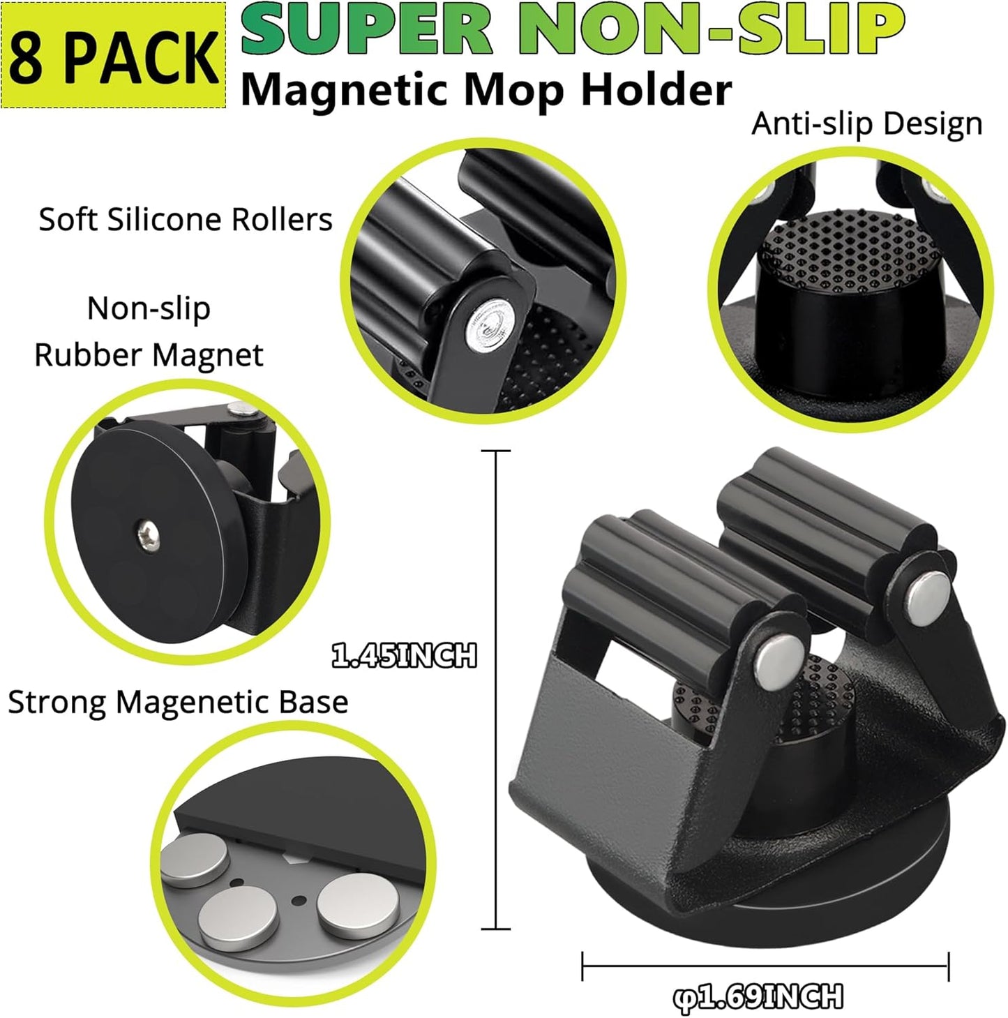 ULIBERMAGNET Magnetic Mop Broom Holder,Heavy Duty Movable Magnetic Broom Holder Rack,Anti-slip Wall Mounted Utility Storage Mop Shovel Hanger for Garage, Kitchen, Laundry, Garden(8 Pack/Black)