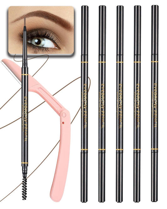 Dark Brown Eye Brow Pencils for Women, 6Pcs Waterproof Eyebrow Pencil, 1.5mm Micro-Fine Tip & Spiral Brush with Brow Razors Perfect for Creating a Natural and Delicate Eyebrow Look Makeup