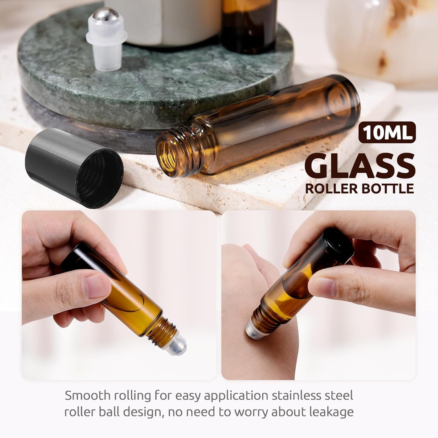 8 Pack 10ml Essential Oil Roller Bottles, Amber Leak-Proof Glass Roll on Bottles, Roller Ball Applicator, Opener, Droppers, Funnel, Labels, Refillable for Perfume & DIY Skincare