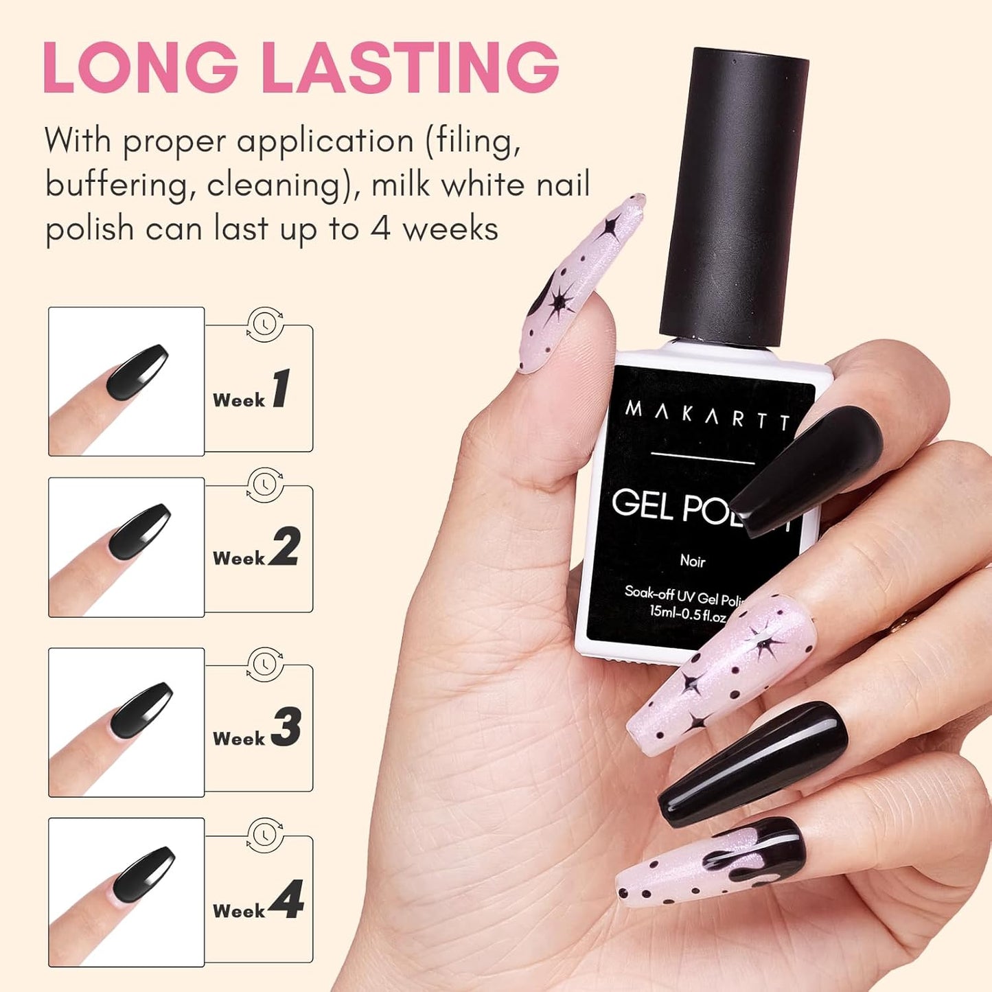 Makartt Black Gel Nail Polish 15ml, Noir Soak Off Gel for DIY Manicure & Nail Art Designs, UV/LED Light Cured, Long-Lasting Finish for Home & Salon Use