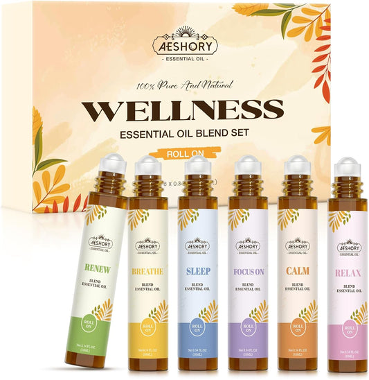 Essential Oils Roll On Set(Calm, Relax, Breathe, Focus on, Sleep, Renew), Natural Aromatherapy Oil Blend Kit with Roller Ball for Massage, Body Skin Care, Home, Relaxation Gift for Women & Men