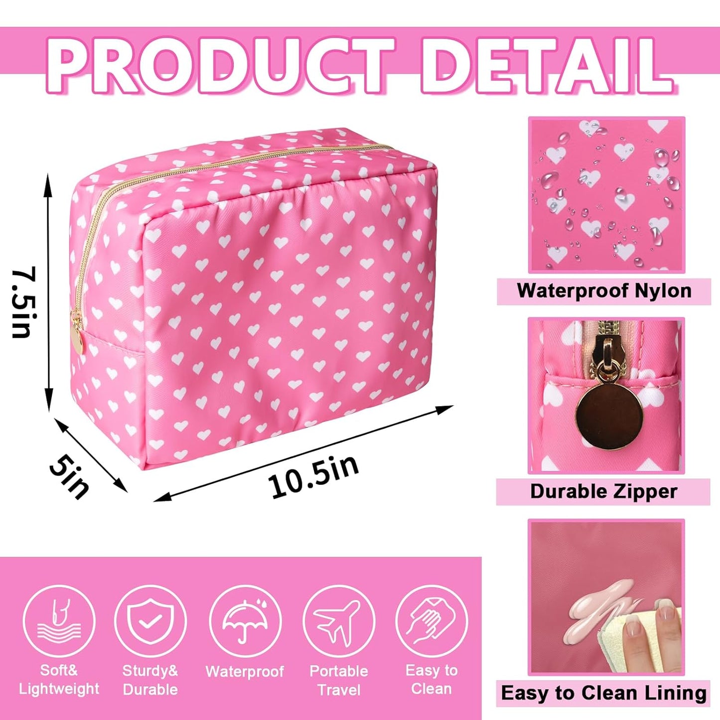 Large Makeup Bag Pouch, Nylon Women Travel Toiletry Storage Bag Preppy Cosmetic Bag for Girls, Big Makeup Organizer Bag Cute Zipper Pouch Skincare Bag for Sport School Work Gift(Large-Pink Heart)