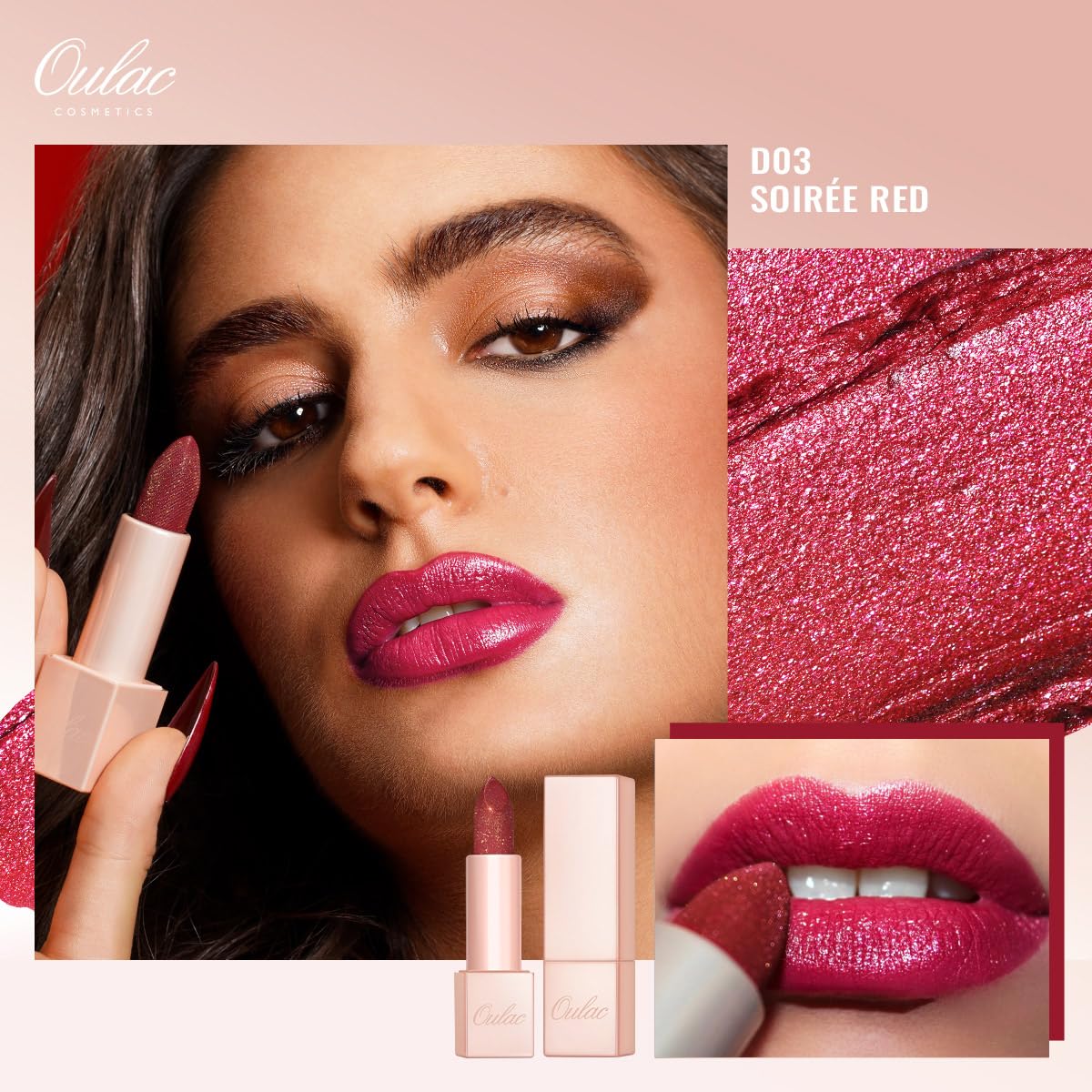 Oulac Shimmer Lipstick for Women, Infinity High Shine Finish, Hydrating Lip Color Infused with Damask Rose Oil for All-Day Comfort, Gluten-Free Vegan Beauty, D03 Soirée Red