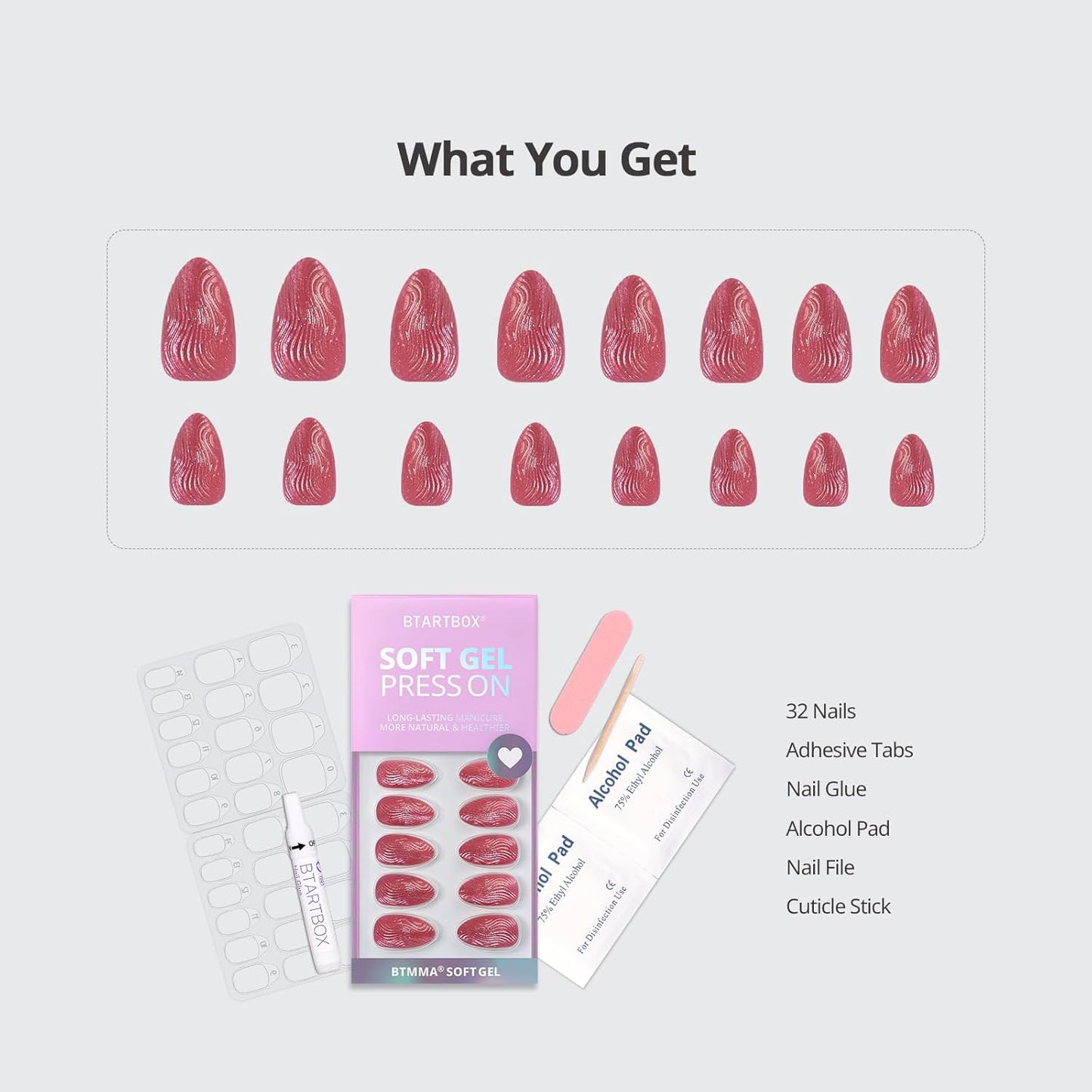 BTArtbox Press On Nails Short - 3D Sculpting Red Cat Eye Almond Press On Nails with Glue for Women, Opaque Soft Gel Glue On Nails in 16 Sizes - 32 Stick On Nails Kit, Crystal Wave