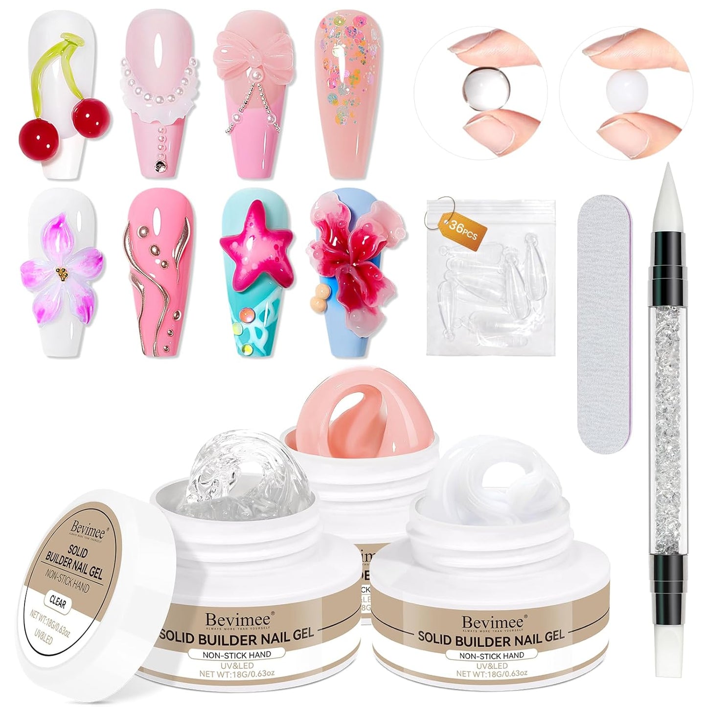 Solid Builder Gel for Nails 3PCS, 3D Hard Gel for Nail Art Sculpting Non-Stick Hand, Clear White Nude for Modeling, Sculpture, Nail Extension UV/Led Manicure DIY At Home 18g*3Colors