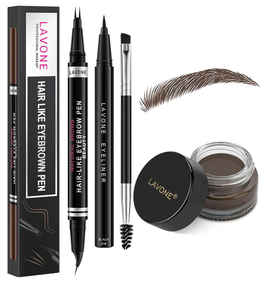 LAVONE Hair-Like Eyebrow Pen Makeup kit, Eyebrow Pencils for Women with Waterproof Microblading Eyebrow Pencil, Eyebrow Pomade, Eyeliner and Eyebrow Brush, Create Full, Natural Brows, Medium Brown