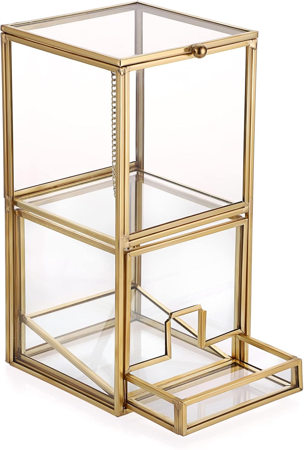 Hipiwe Gold Glass Qtip Holder with Lid 2 Compartments Cotton Balls Swab Organizer Cotton Round Pads Holder Makeup Pad Cosmetic Storage Case Q-tip Dispenser for Dresser Countertop