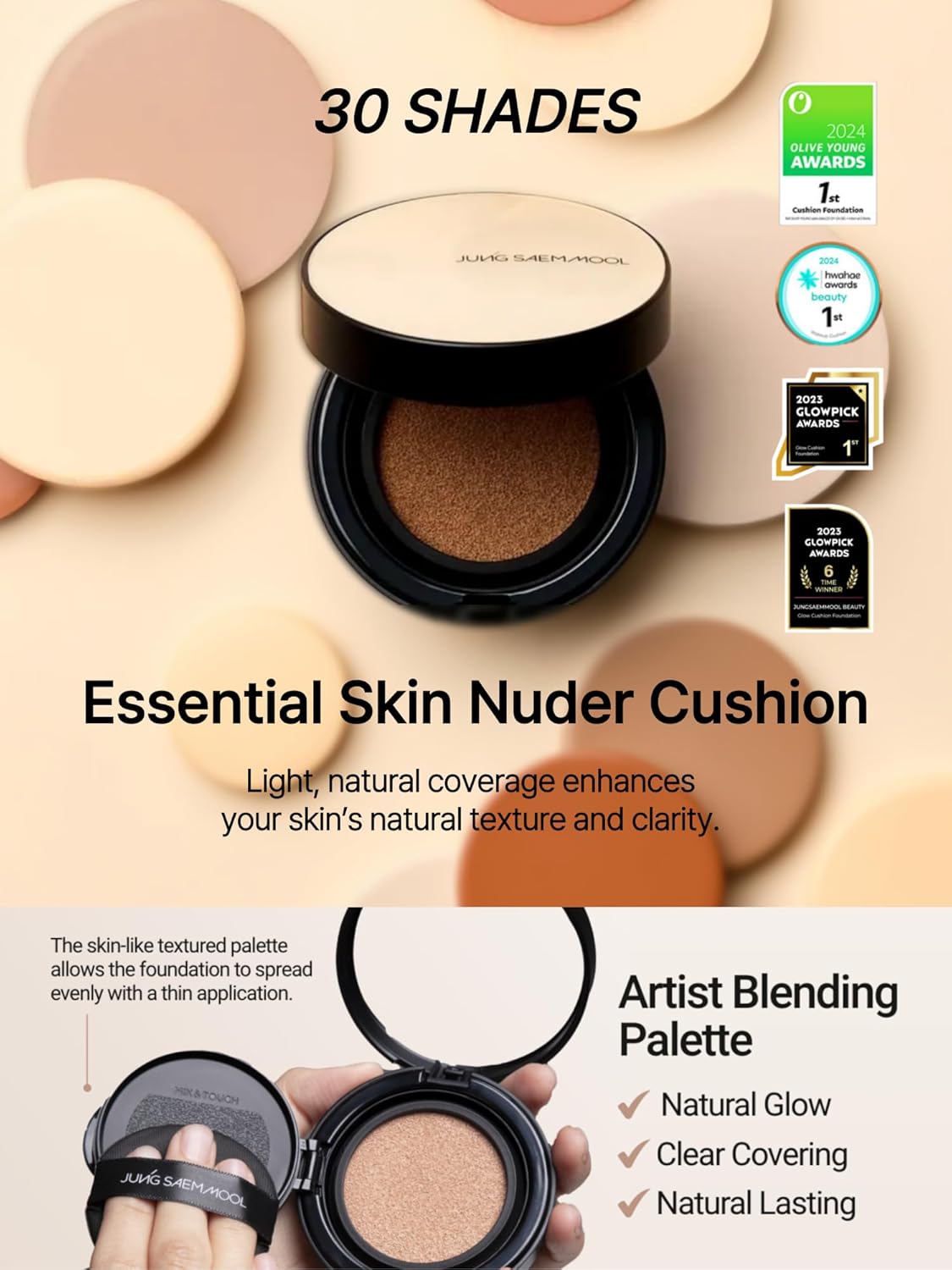 JUNG SAEM MOOL Essential Skin Nuder Cushion 40N Chestnut 0.49 Fl Oz, No Refill, Natural Radiant Finish Cushion Foundation with Buildable Coverage, Lightweight Texture, Korean Foundation Makeup