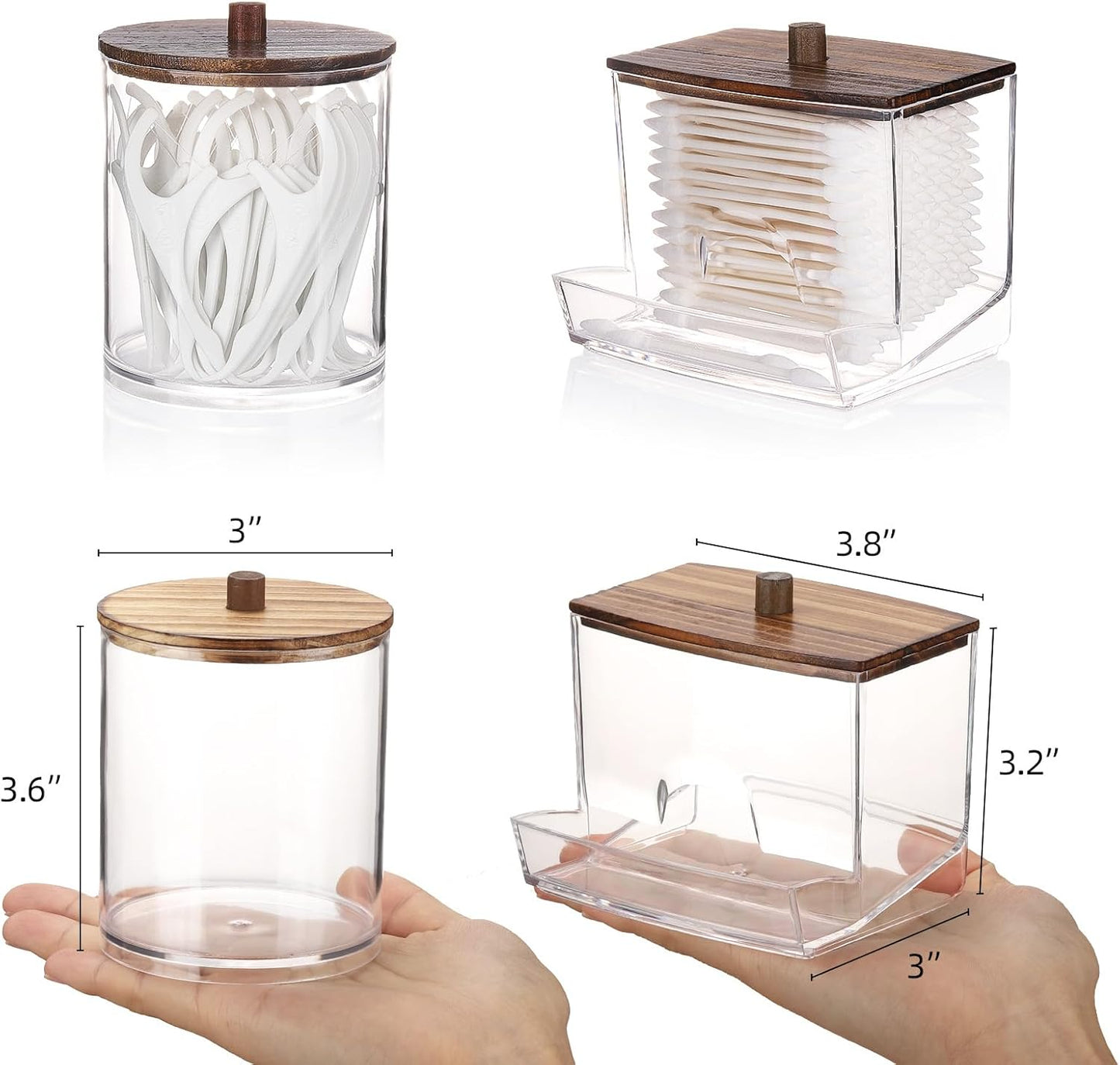 Tbestmax Qtips Dispenser, 10/12 oz Big Cotton Ball Holder Bathroom Container, Plastic Apothecary Jar Organizer for Storage Swab, Round Pads, Floss Picks - Wood Lids