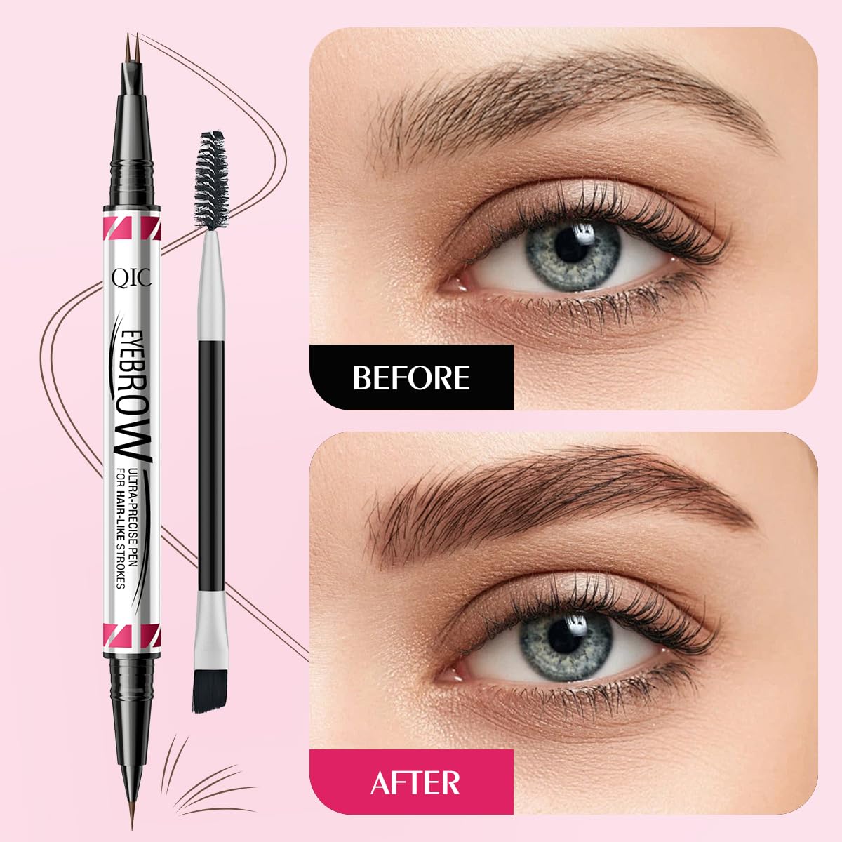 Eyebrow Pencils for Women, 2-in-1 Dual-Ended Microblading Eyebrow Pencil Waterproof with 2 Fork Tip and Spoolie Brush for Hair-Like Natural Brows Eyebrow pen, Non-Dry, Last All-Day (Black)
