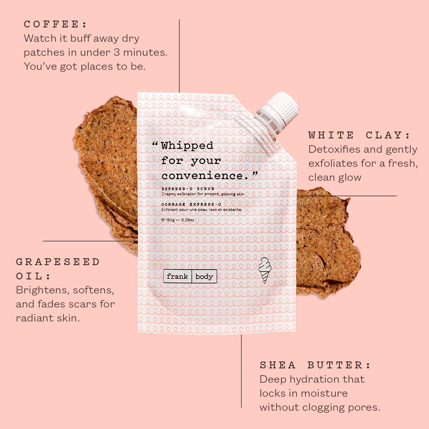 frank body Express-O Coffee Scrub | Smooths, Exfoliates & Fades Marks | Coffee, Shea Butter, Grapeseed Oil & White Clay | Vegan & Cruelty Free | 150g / 5.07 oz