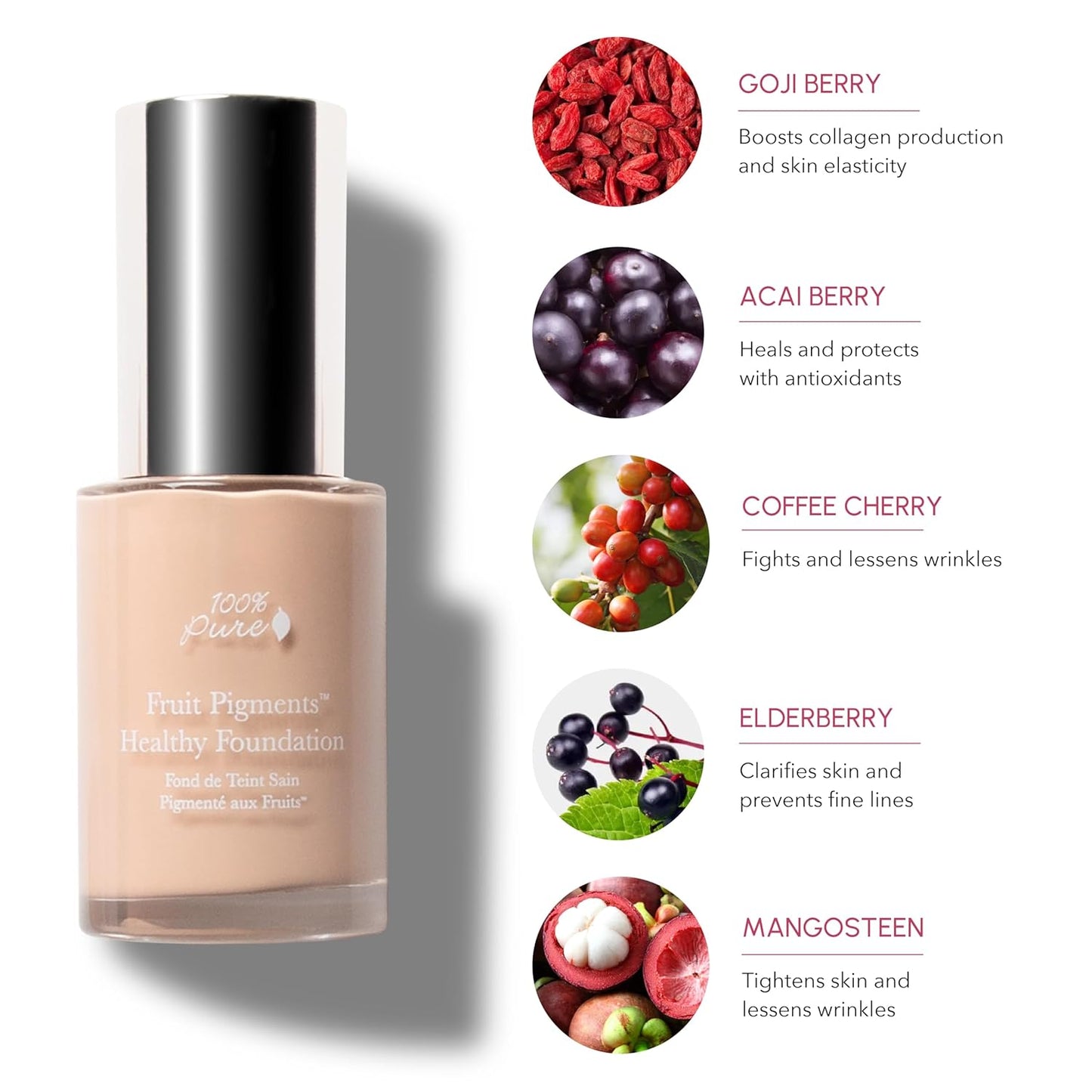 100% PURE Healthy Foundation Full Face Coverage Makeup, Liquid Matte Finish with Anti-Aging Benefits - Vegan Gorgeous Fruit Pigmented White Peach Color (Light with Warm Undertone) - 1 Fl Oz