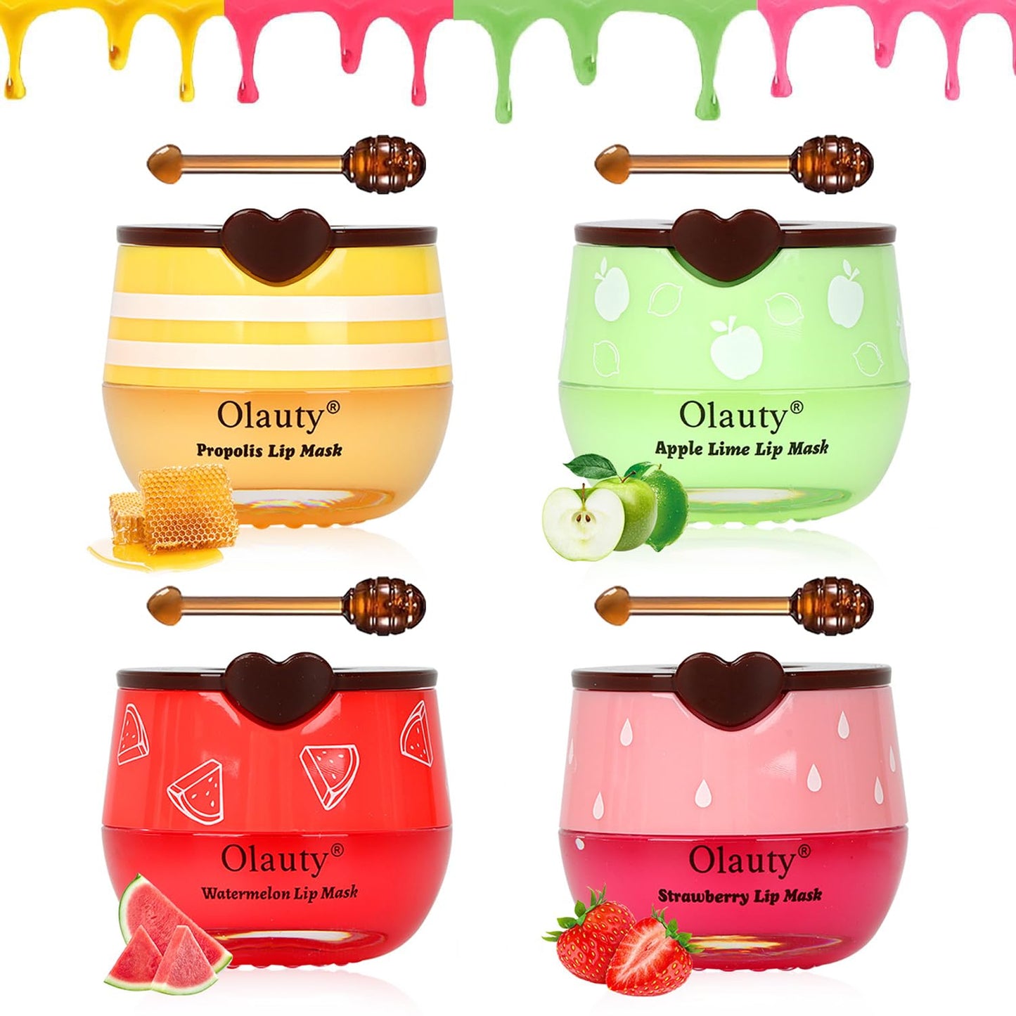 4 PCS Bee Lip Balm Lip Mask Honey Pot,Strawberry&Honey&Watermelon&Apple Lime Lip Sleeping Mask,Hydrating Prevention Dry Lip Care,Moisturizing Lip Mask Overnight Reduces Lip Lines