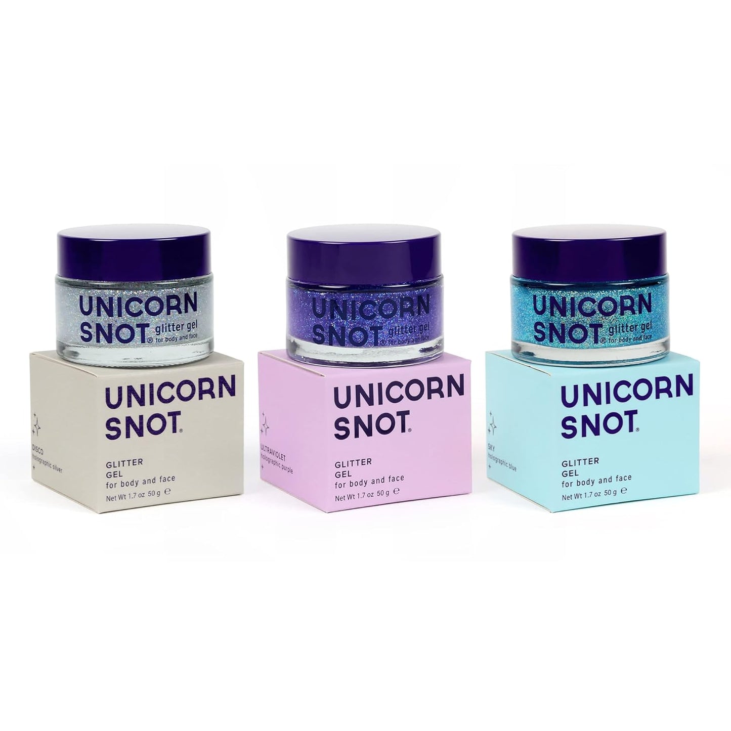 UNICORN SNOT Holographic Face Glitter & Body Glitter Gel: Glitter Makeup, Festival Rave and Anime Cosplay, Halloween Costume Makeup - Vegan & Cruelty Free, 1.7 oz 3-Pack (Disco/UV/Sky)