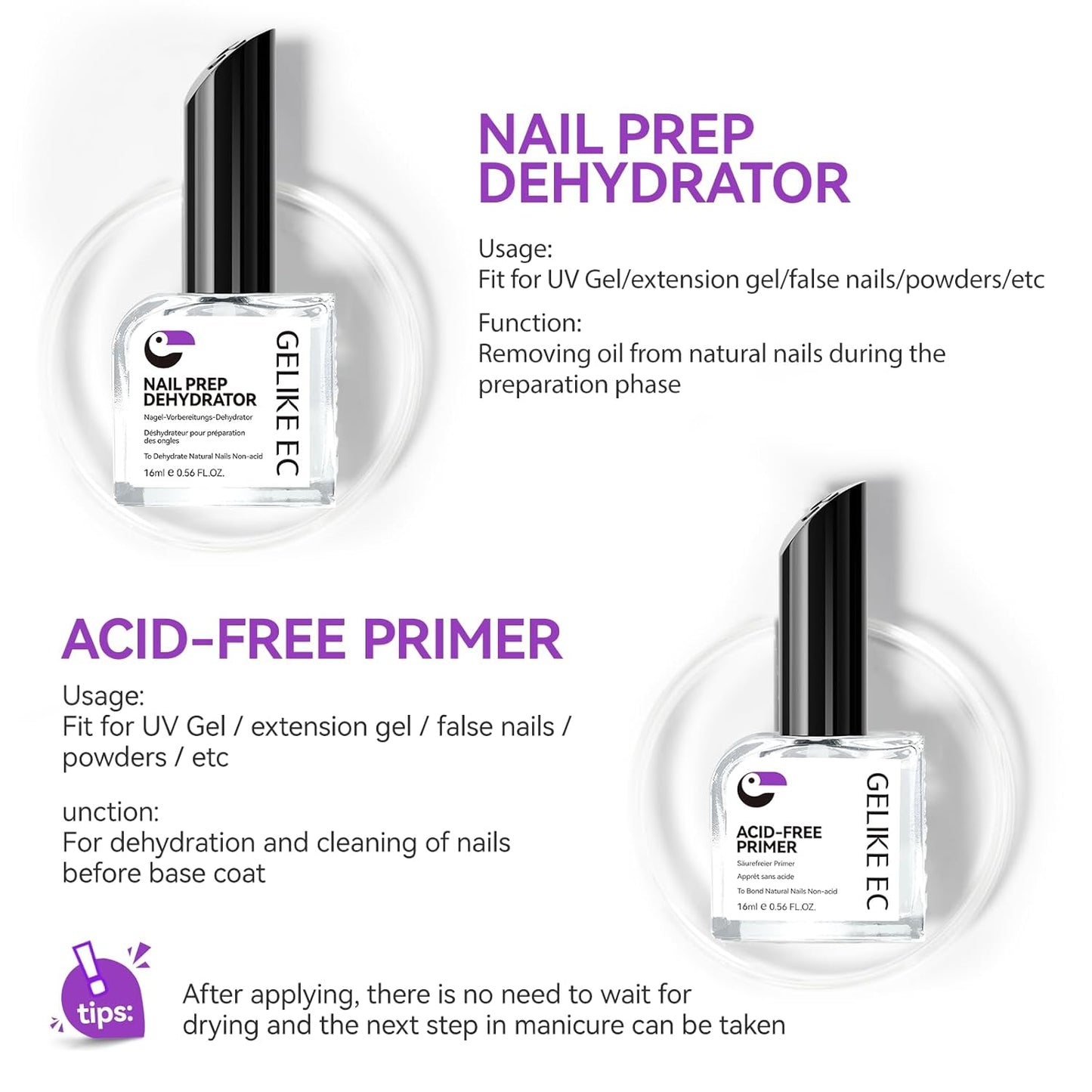 Nail Repair Prep Dehydrator and Primer Kit - Gelike EC Acid-Free Fast Air Dry for Bond Acrylic Gel Tips - Safe Healthy Foundation for Weak Thin Nails - Long Lasting for Professional Salon Manicure