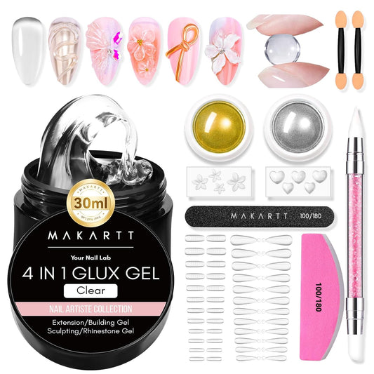 Makartt 3D Gel Nail Art: Solid Gel Builder for Nails Starter Kit, 30ml Clear for Extension 3D Sculpting Carving DIY Manicure, Molding Hard Gels with Gold & Silver Chrome Powder Silicone Molds & Brush
