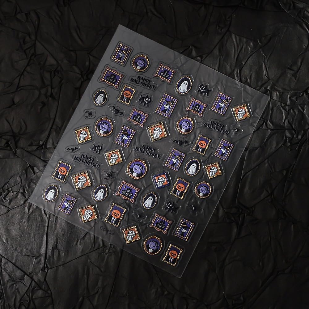 Halloween Nails Stickers Ghost with Frame Nails Sticker 3D Embossed Purple Mummy Self Adhesive Sticker Nail Decals Black Bat Nail Art Decal Halloween Decals for Nail DIY Manicure 1Sheet
