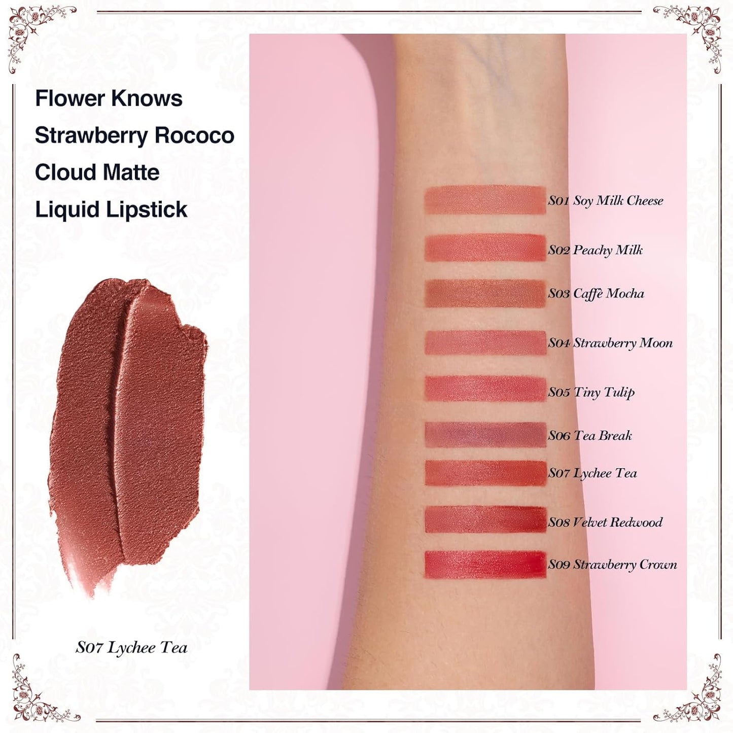 Flower Knows Strawberry Rococo Cloud Lip Cream,Velvety Matte Liquid Lipstick,Red Lipstick,Long Lasting Lip Stain,Kiss-proof Blurred Lipstick for Girls&Women,0.12 Fl Oz(S07 Lychee Tea)