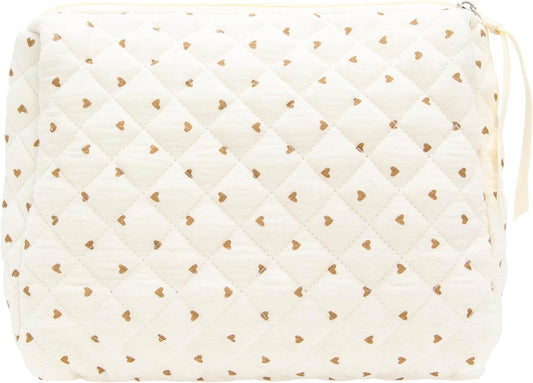 PAZIMIIK Quilted Makeup Bag Large Travel Zipper Soft Cosmetic Pouch for Women Girls Make Up,Gauze Heart Coffee