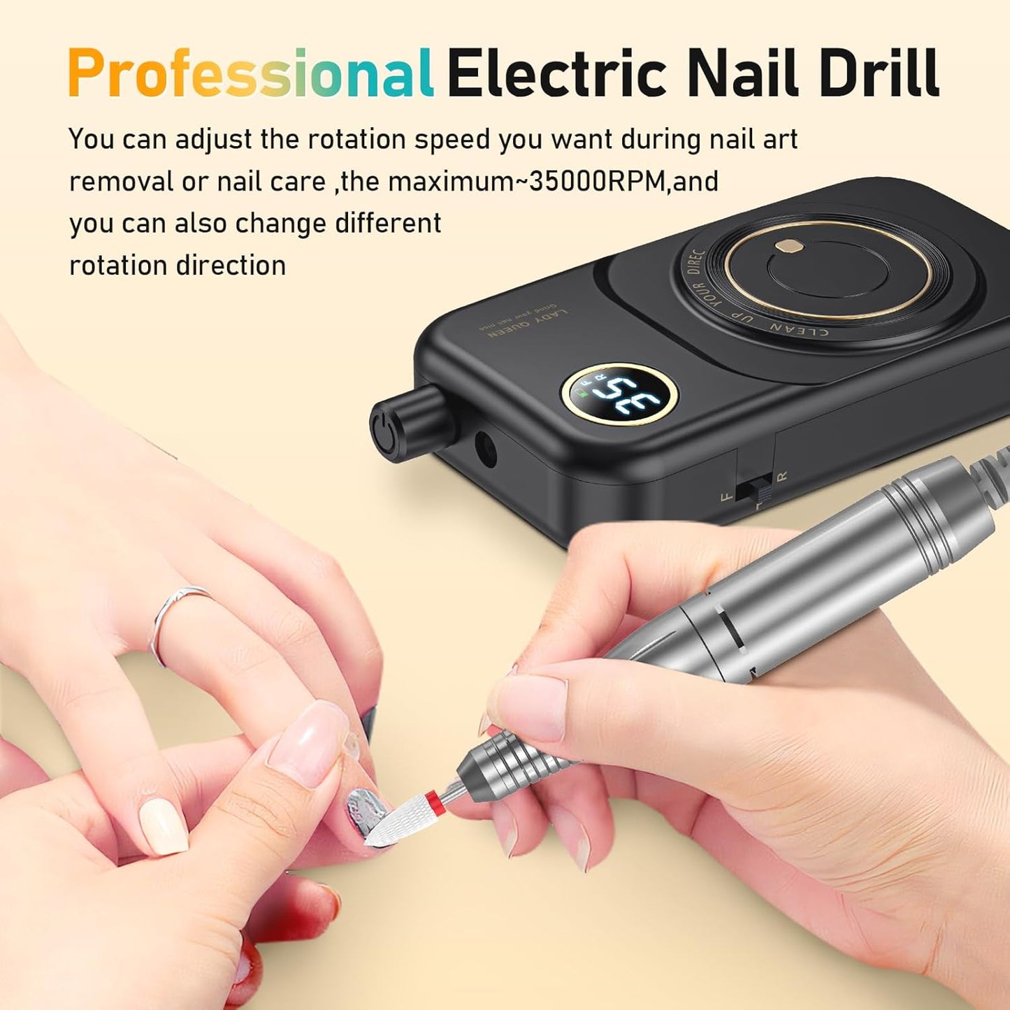 Portable Nail Drill Electric File: 35000RPM Professional Rechargeable Nail E File Machine,for Acrylic Nails Gel Polishing Removing, Cordless Efile with Bits Kit for Manicure Salon Home (Black)
