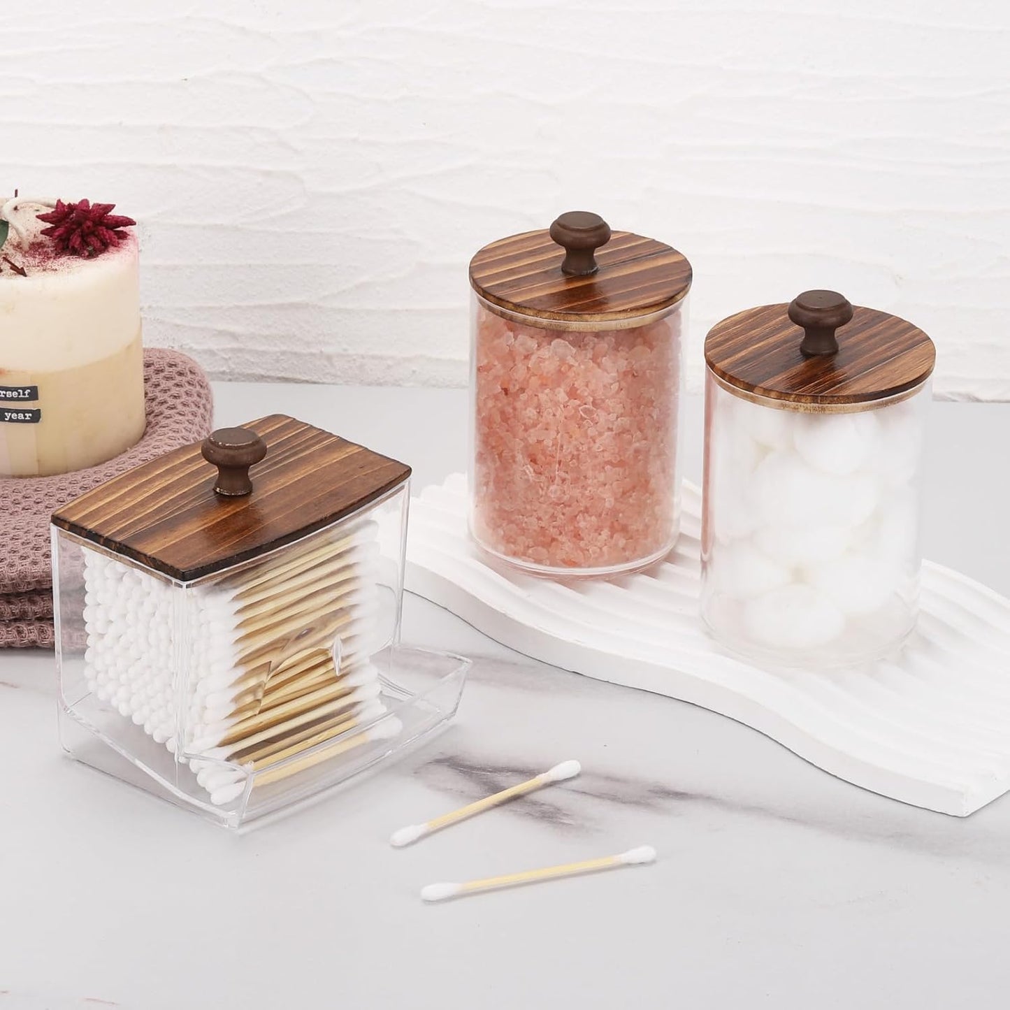 Tbestmax Qtips Holder Bathroom Container, 10oz Big Qtips Dispenser Cotton Ball Holder, Clear Plastic Apothecary Jar Organizer for Storage Cotton Swab, Cotton Round Pads, Floss Picks