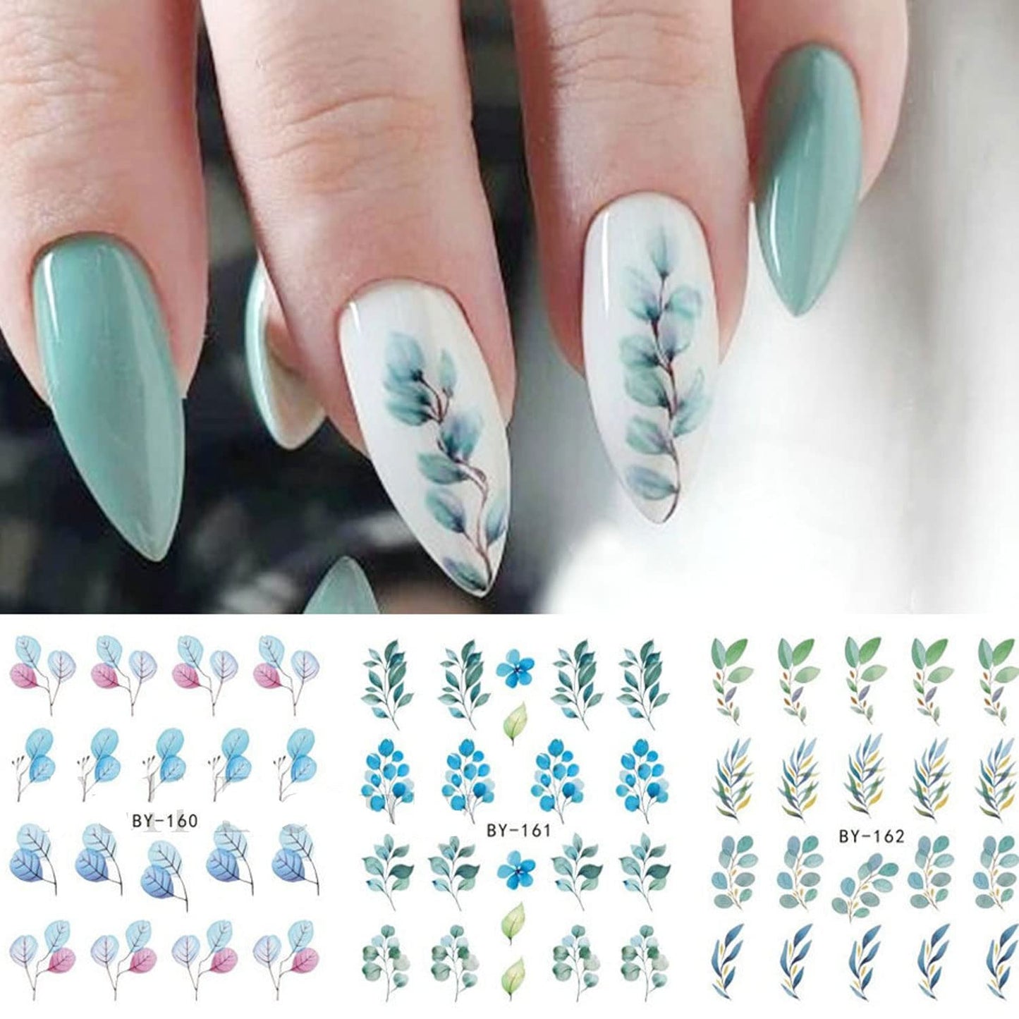 Summer Nail Art Sticker Water Transfer Decal Green Blue Floral Flower Design for Acrylic Nails - Manicure Supplies 12 Sheets (Green)
