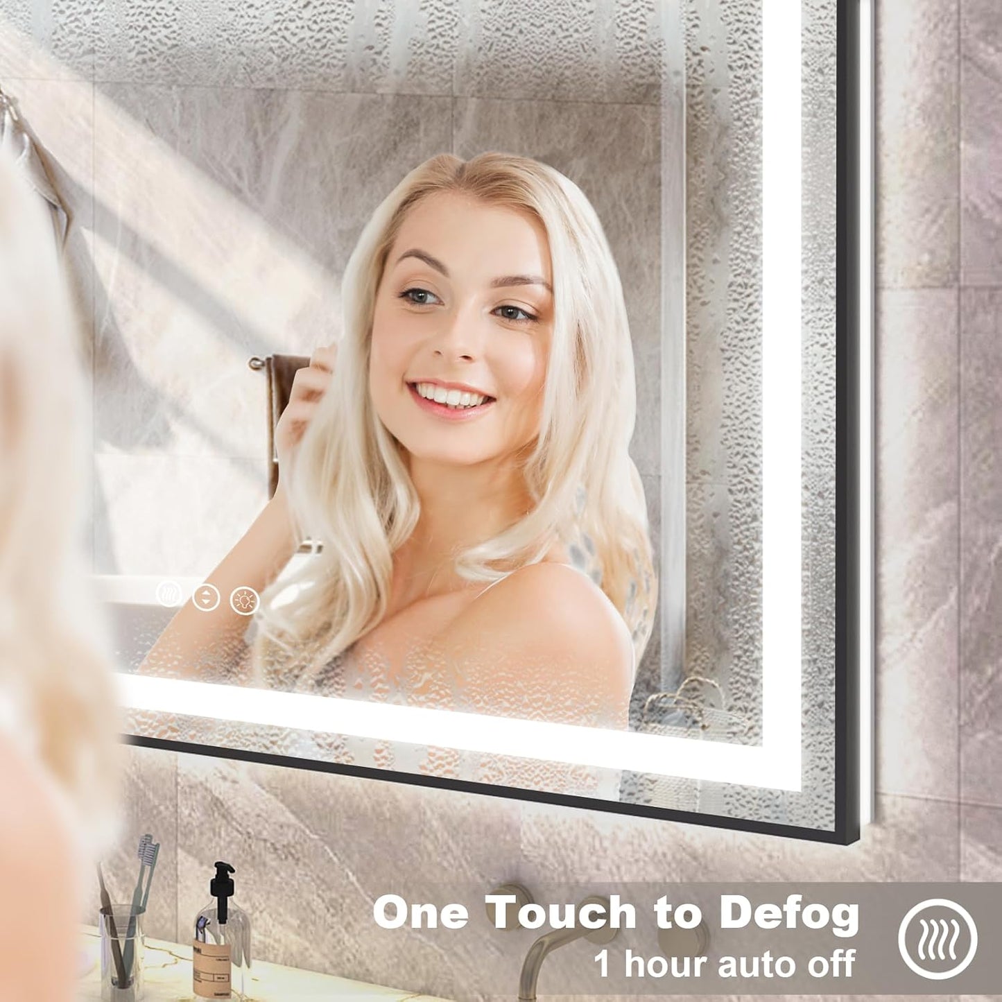 OKPAL 28x36 Black Frame LED Bathroom Mirror, Lighted Bathroom Mirror with Lights, Frontlit & Backlit Lighted Vanity Mirror, Anti-Fog, Dimmable, Shatterproof, Horizontal/Vertical