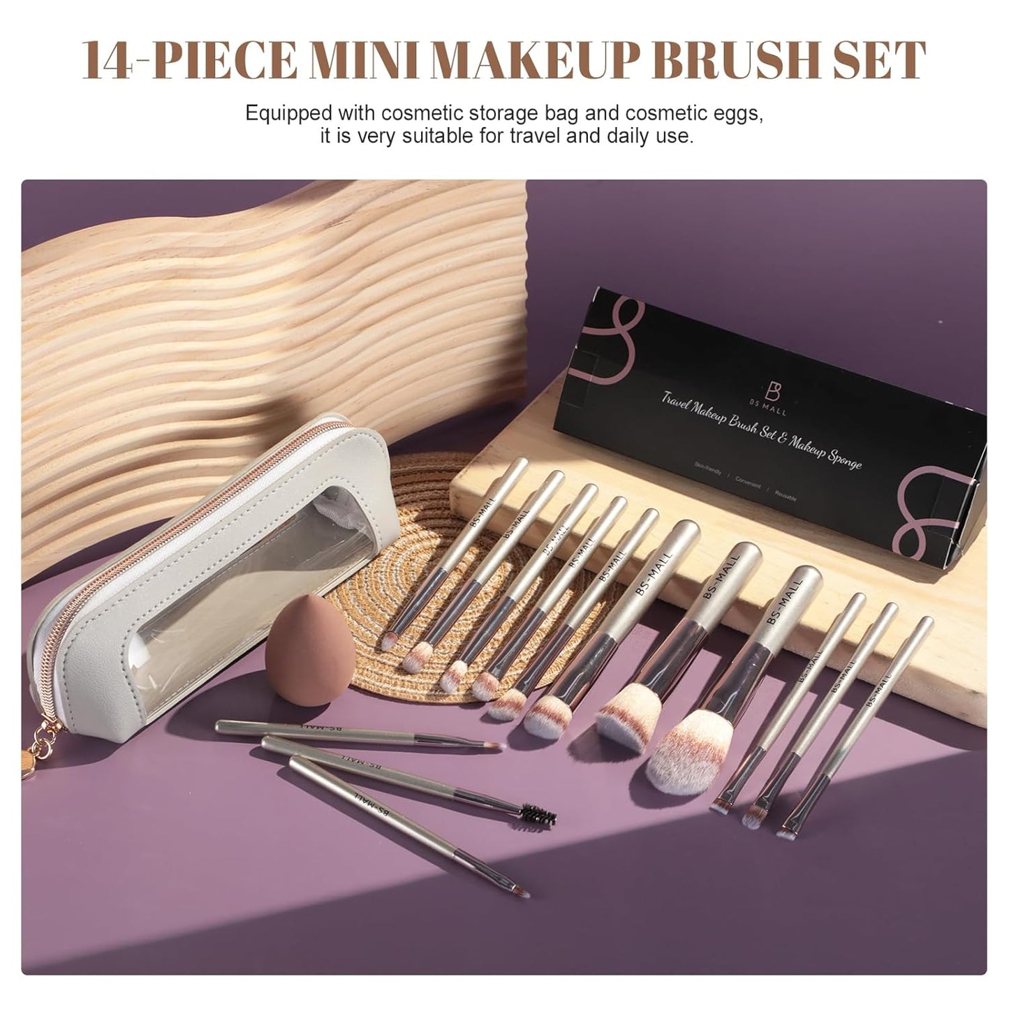 BS-MALL Makeup Brushes Set 14 Pcs with 1 Pcs Makeup Sponge – Essential Foundation Powder Concealers, Eye Shadows, Blush Makeup Brushes with Travel Makeup Case (Champagne)